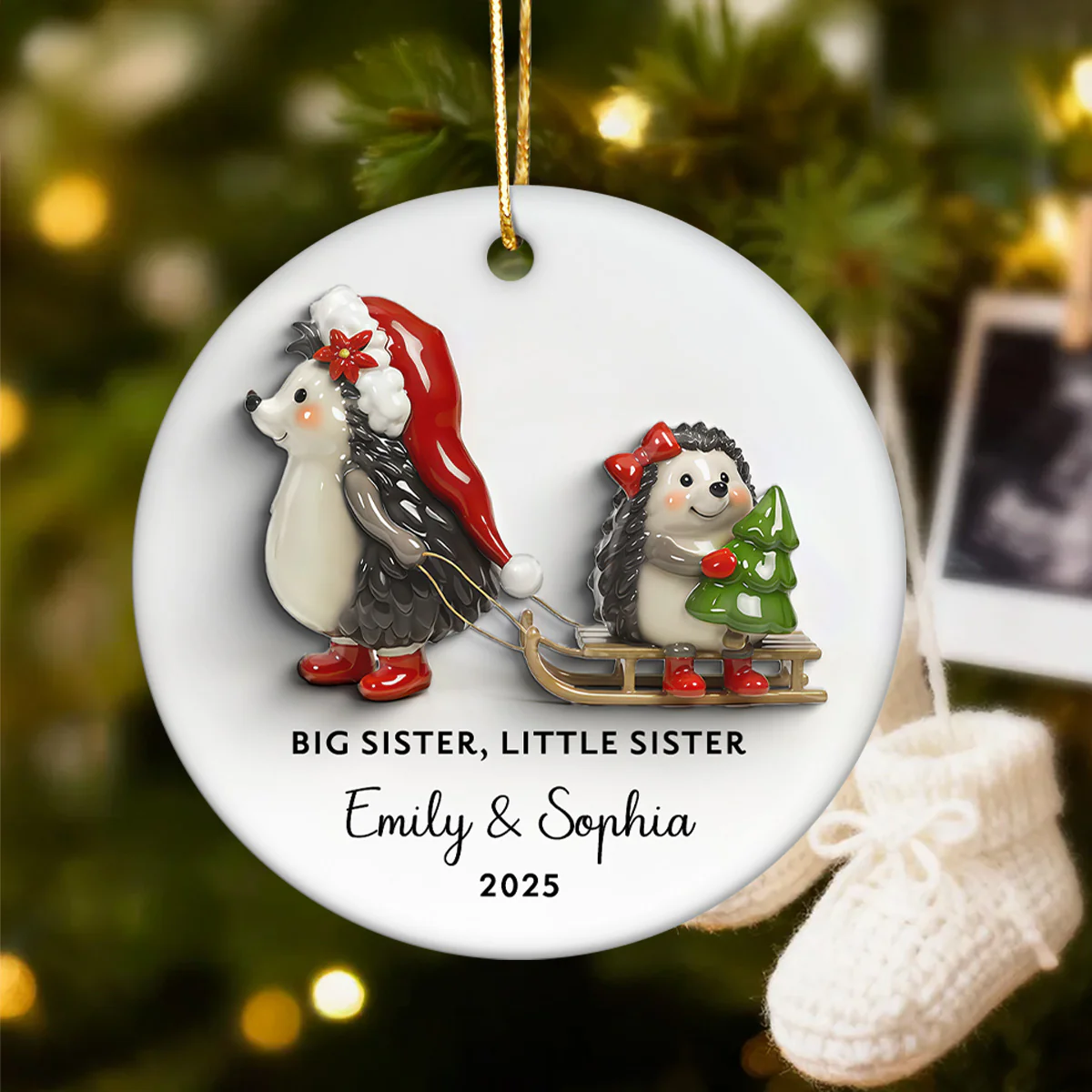 Big Sister Little Sister 3D Effect Cute Hedgehog - Personalized Ceramic Ornament - Proud New Big Sister Gift For Daughter, Granddaughter - Image 3