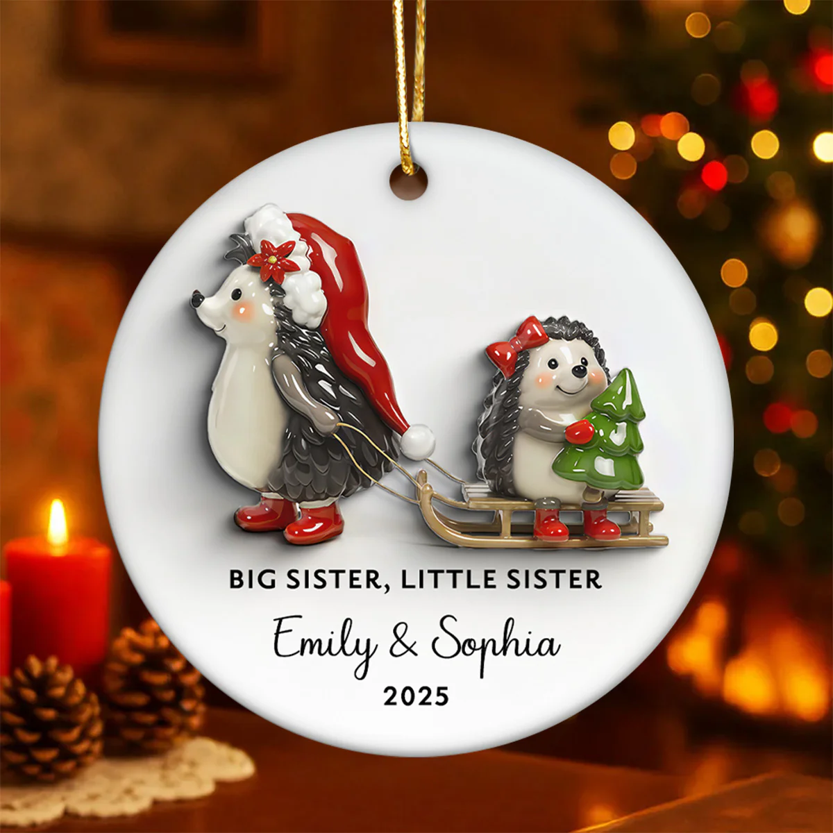 Big Sister Little Sister 3D Effect Cute Hedgehog - Personalized Ceramic Ornament - Proud New Big Sister Gift For Daughter, Granddaughter - Image 4