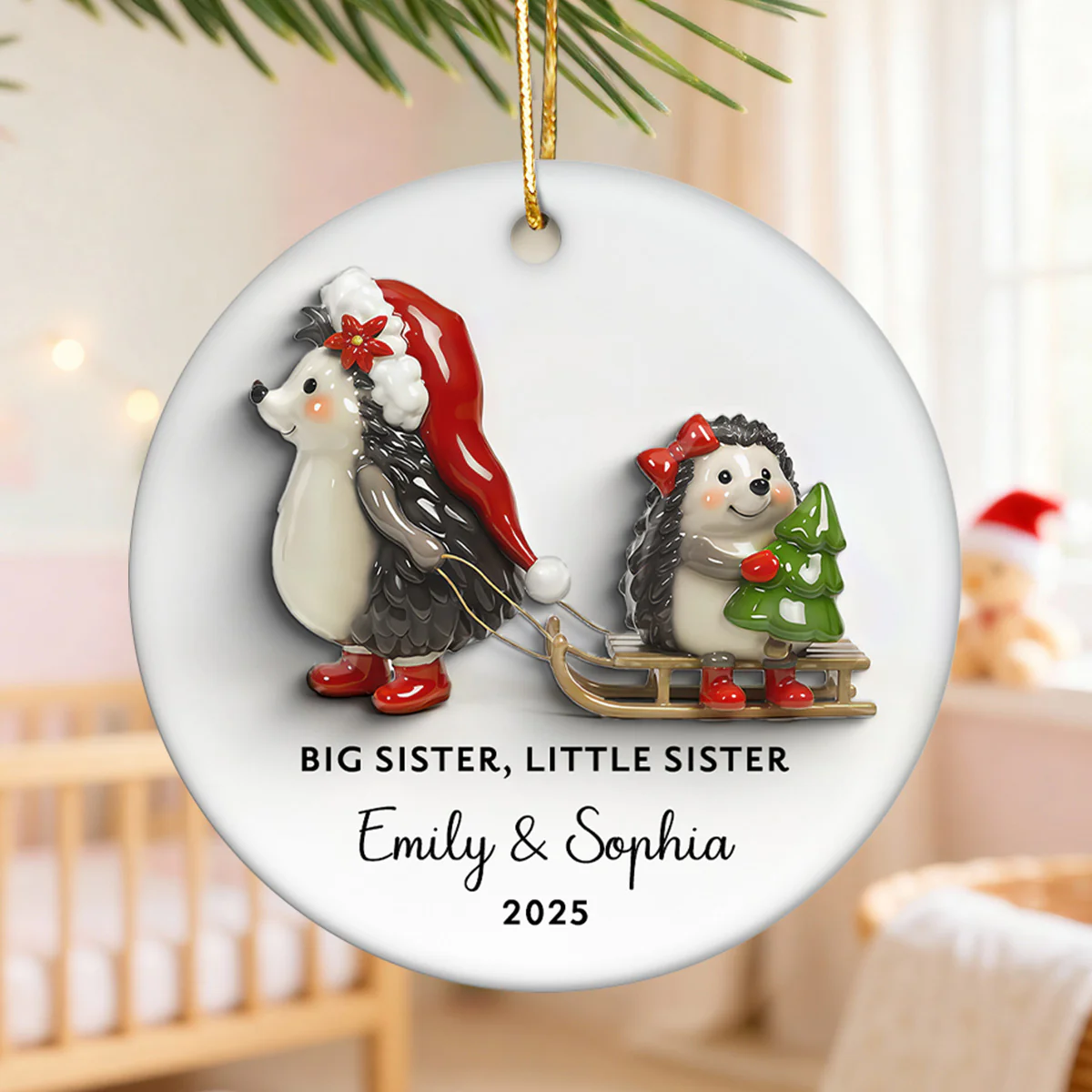 Big Sister Little Sister 3D Effect Cute Hedgehog - Personalized Ceramic Ornament - Proud New Big Sister Gift For Daughter, Granddaughter - Image 5
