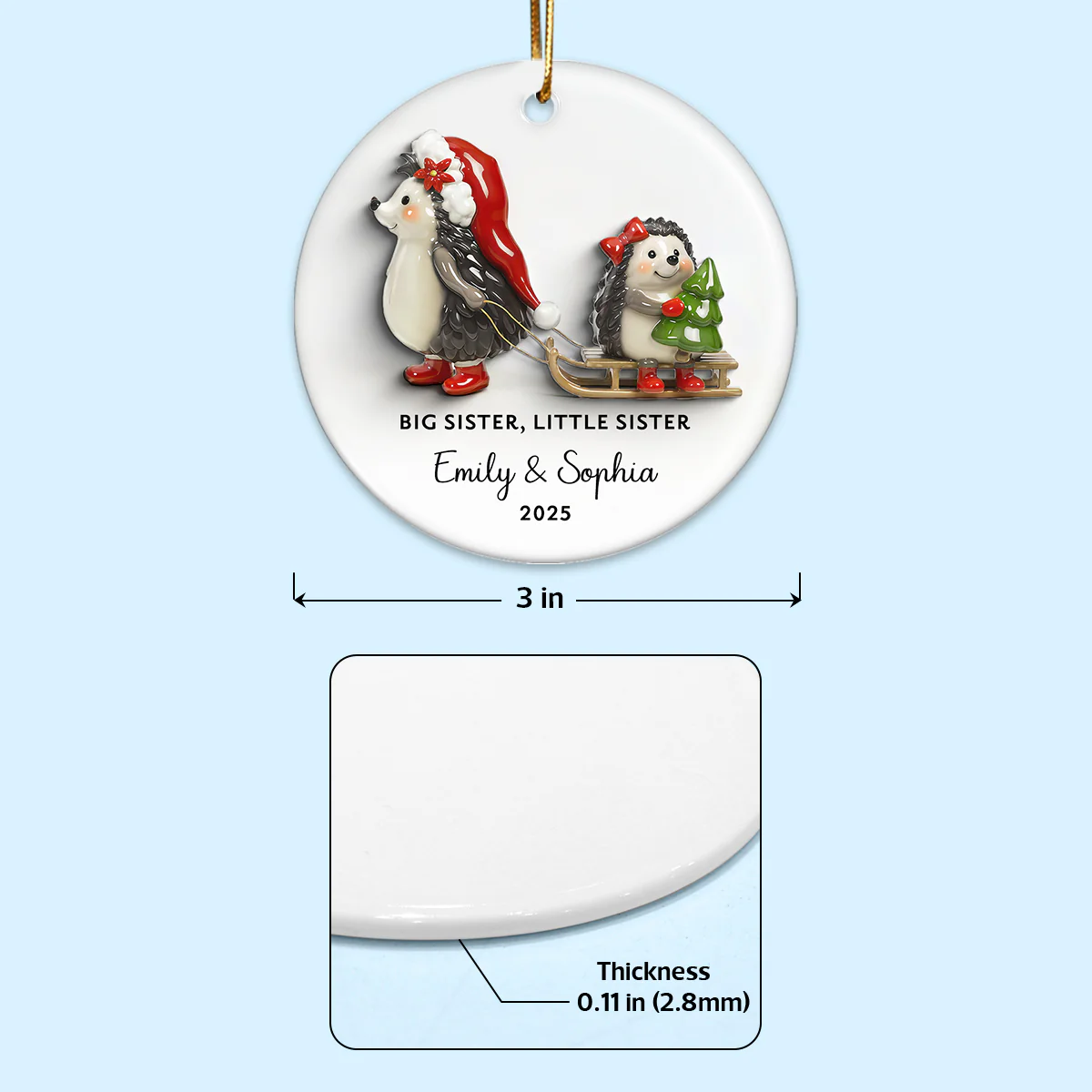 Big Sister Little Sister 3D Effect Cute Hedgehog - Personalized Ceramic Ornament - Proud New Big Sister Gift For Daughter, Granddaughter - Image 6