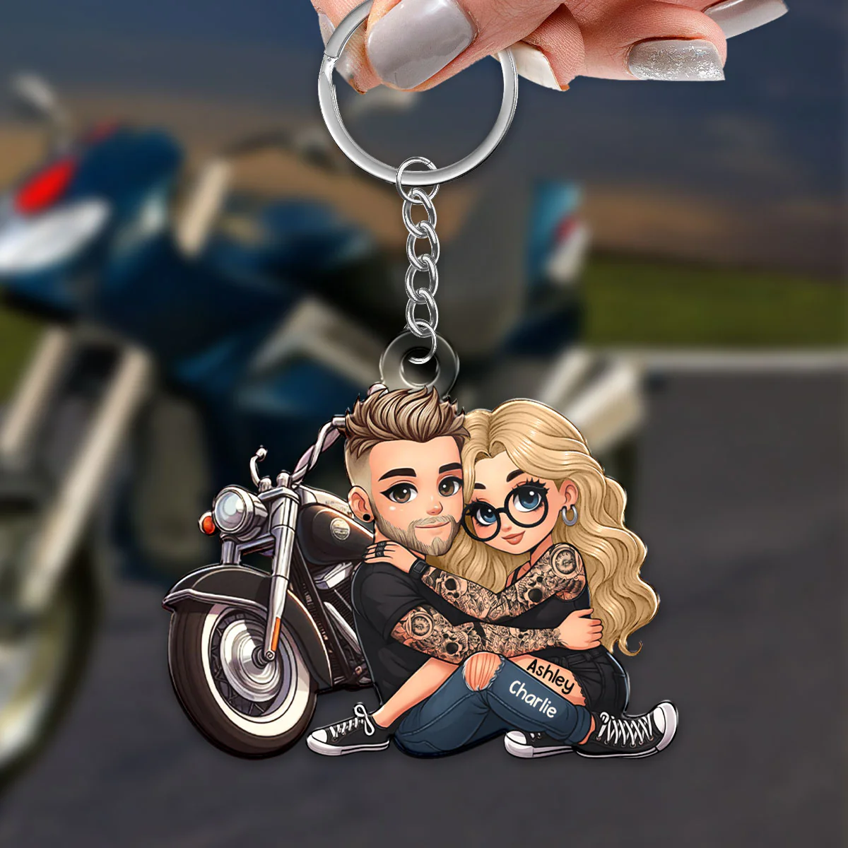 Biker 3D Cartoon Effect Couple Personalized Acrylic Keychain, Gift for her, Gift for him, Motorcycle Lovers - Image 2