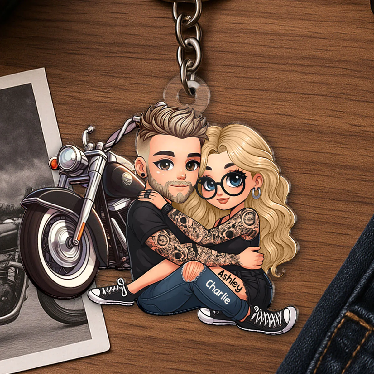 Biker 3D Cartoon Effect Couple Personalized Acrylic Keychain, Gift for her, Gift for him, Motorcycle Lovers - Image 3