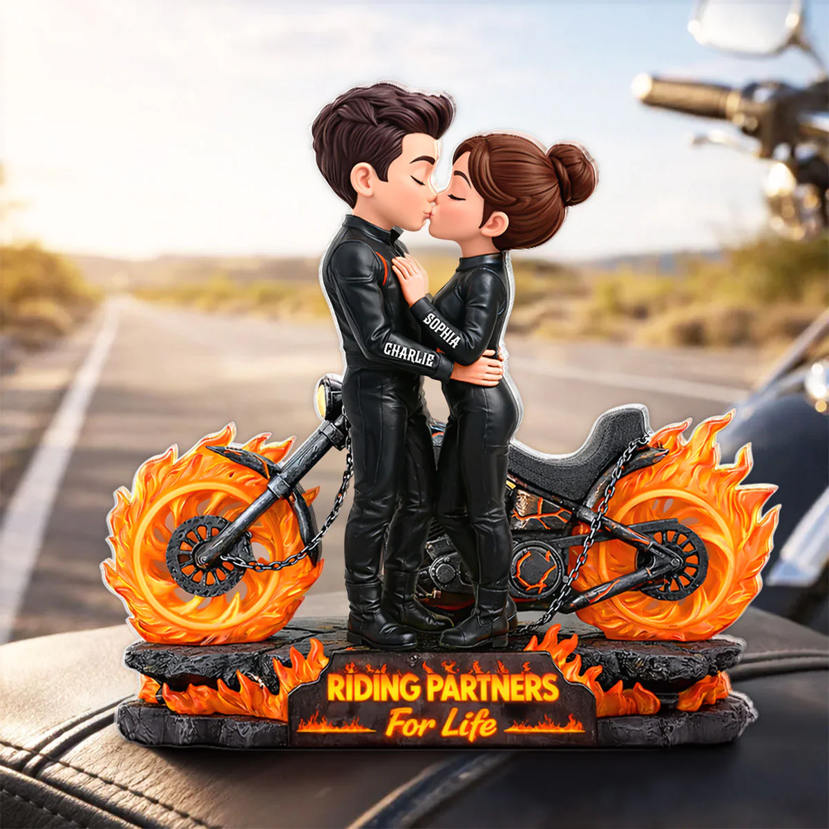 Biker Couple Fire - Personalized Acrylic Block Plaque - Sentimental Gift for Her, for Him