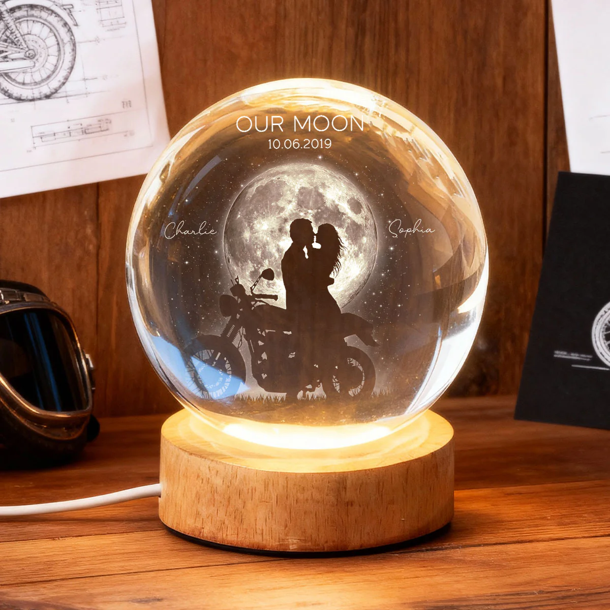 Biker Couple in the Moonlight, Custom Moon Phase by Date - Personalized Crystal Ball LED Night Light - Heartfelt Valentine's Day Gift for Her, for Him - Image 2