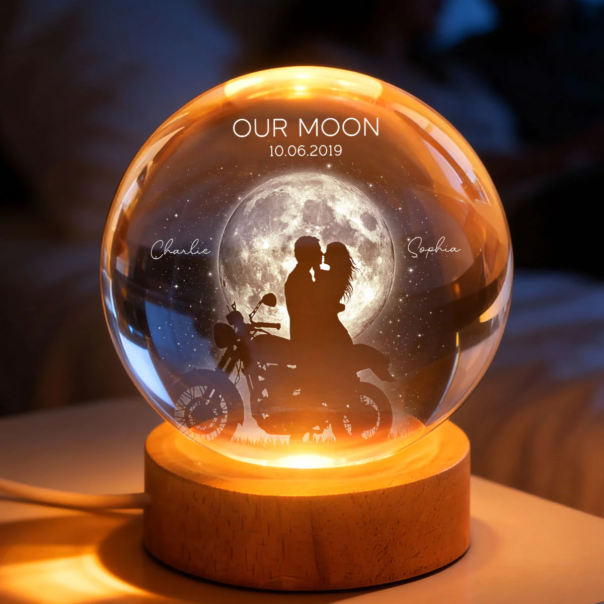 Biker Couple in the Moonlight, Custom Moon Phase by Date - Personalized Crystal Ball LED Night Light - Heartfelt Valentine's Day Gift for Her, for Him - Image 3