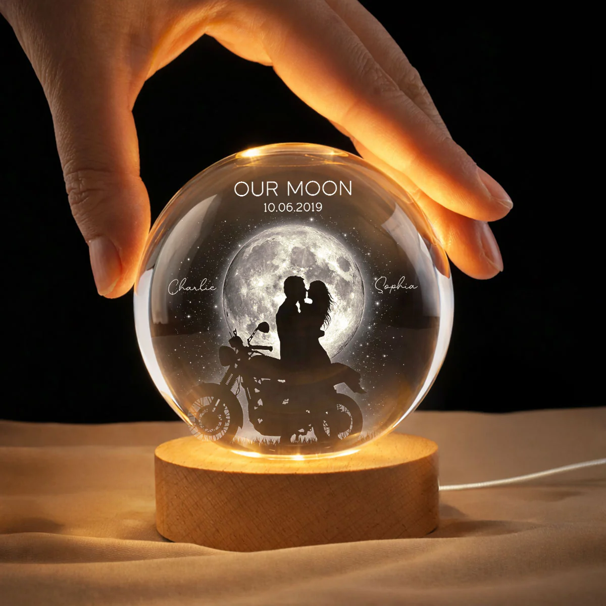 Biker Couple in the Moonlight, Custom Moon Phase by Date - Personalized Crystal Ball LED Night Light - Heartfelt Valentine's Day Gift for Her, for Him - Image 4