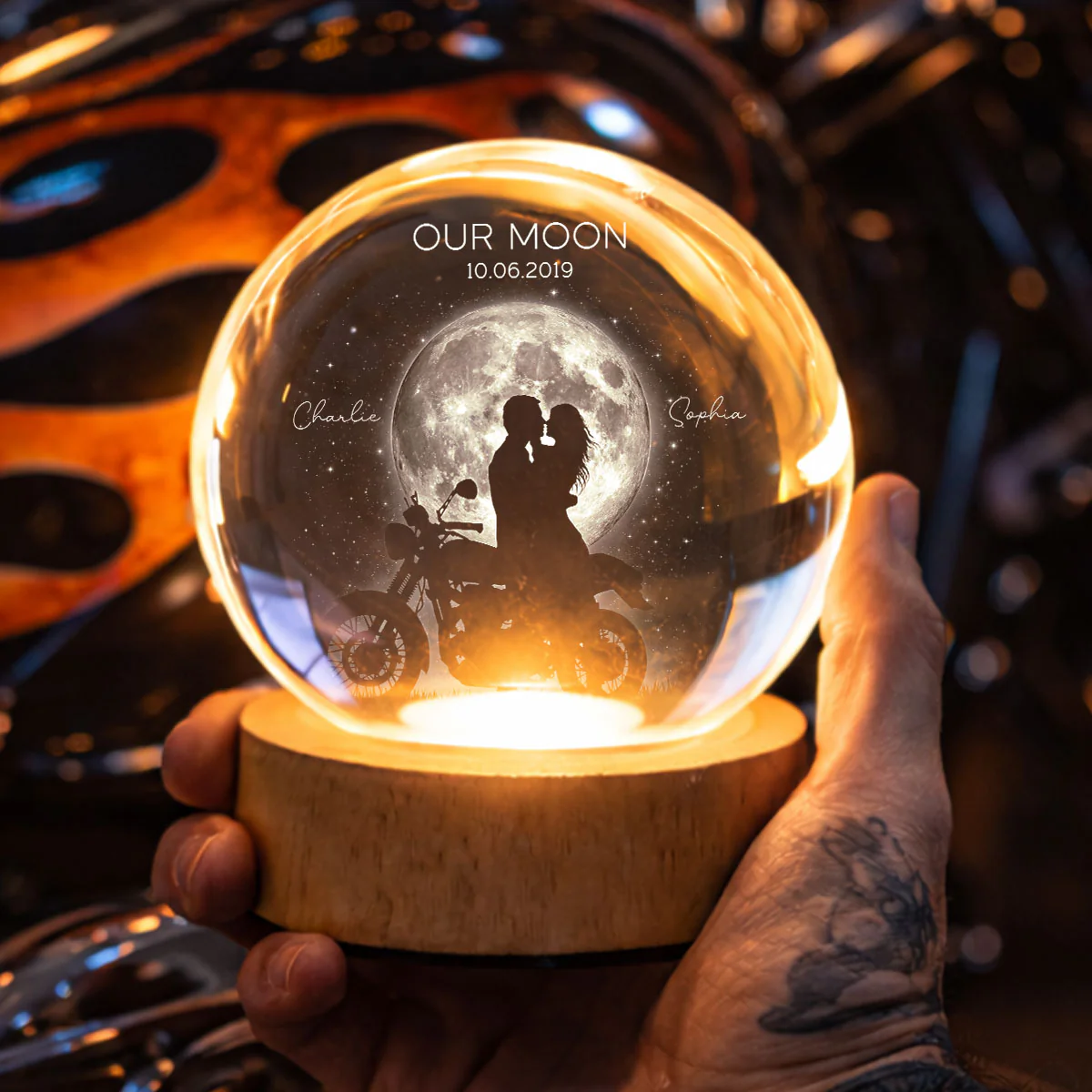 Biker Couple in the Moonlight, Custom Moon Phase by Date - Personalized Crystal Ball LED Night Light - Heartfelt Valentine's Day Gift for Her, for Him - Image 5