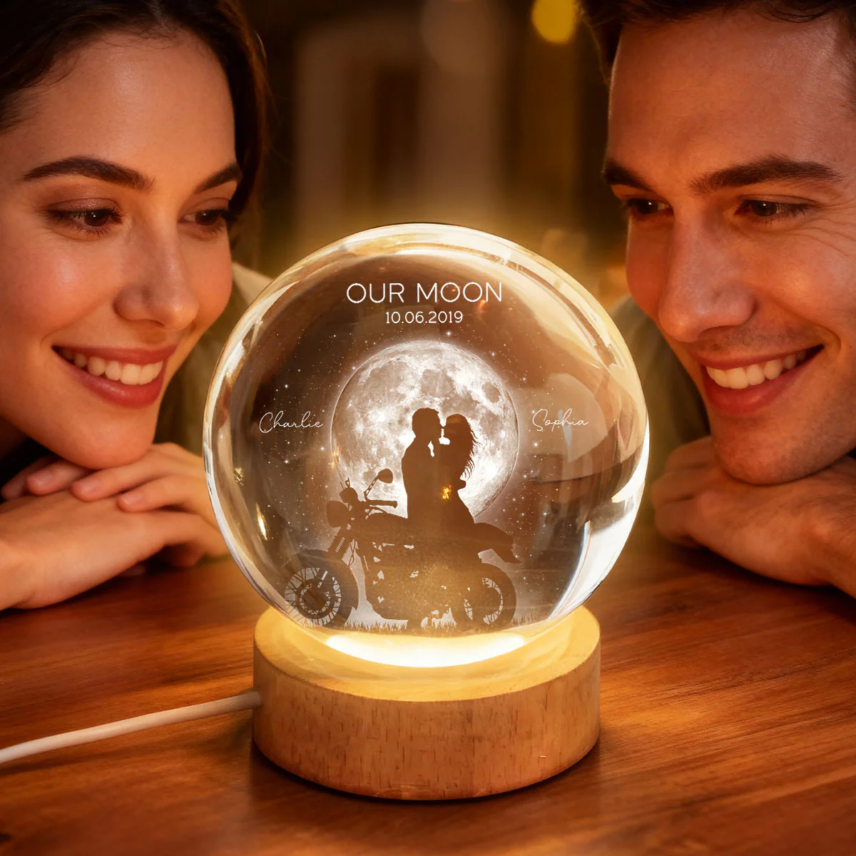 Biker Couple in the Moonlight, Custom Moon Phase by Date - Personalized Crystal Ball LED Night Light - Heartfelt Valentine's Day Gift for Her, for Him - Image 6