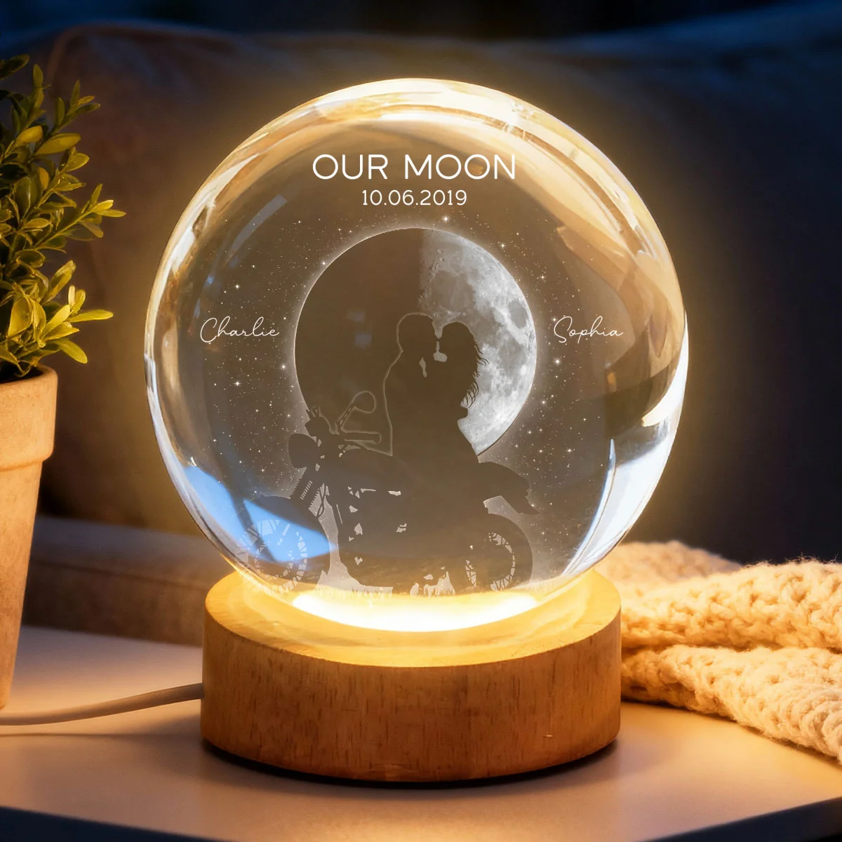 Biker Couple in the Moonlight, Custom Moon Phase by Date - Personalized Crystal Ball LED Night Light - Heartfelt Valentine's Day Gift for Her, for Him - Image 9