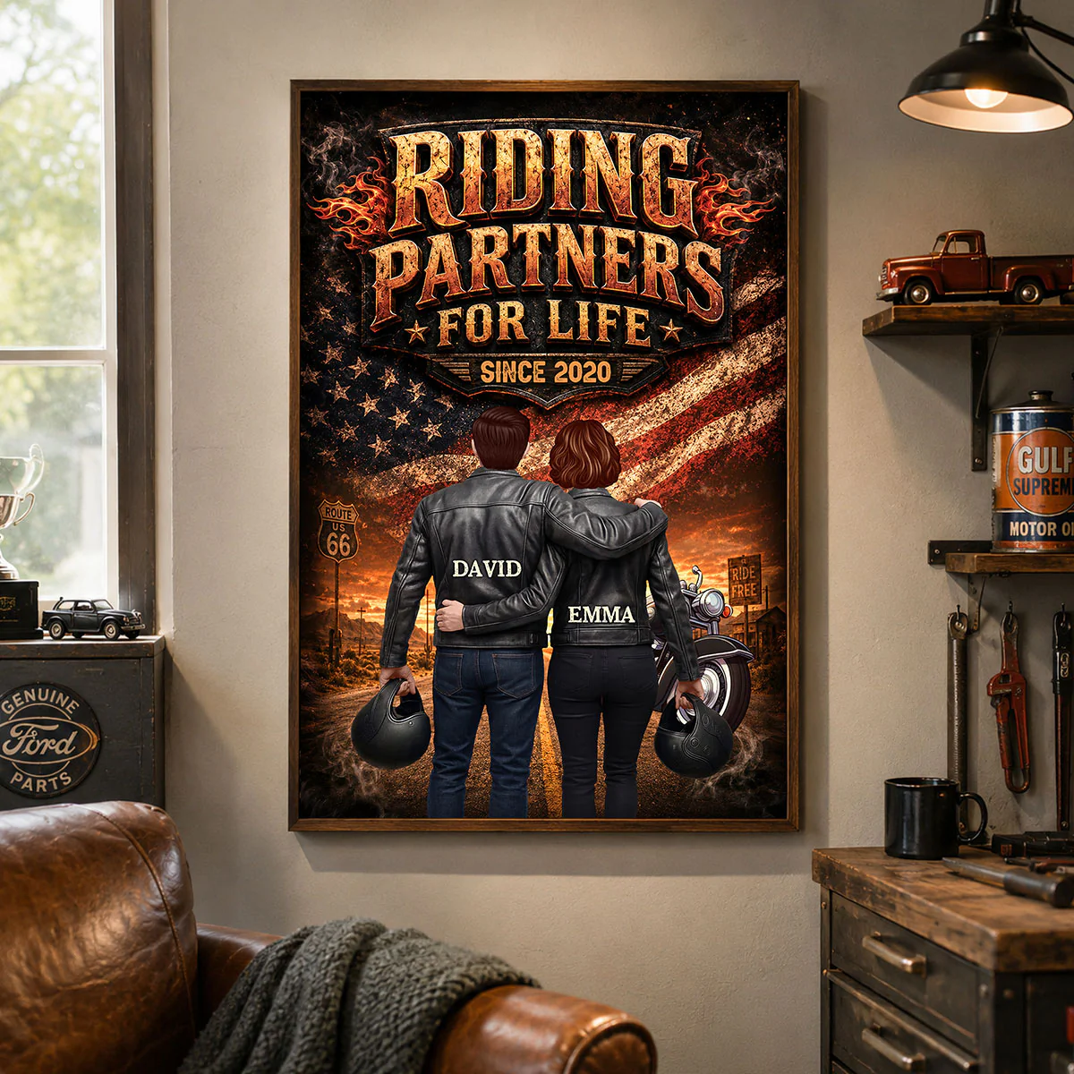 Bikers Couple Riding Partners for Life Nation Flag - Personalized Poster - Heartfelt Gift for Him, for Her - Image 3