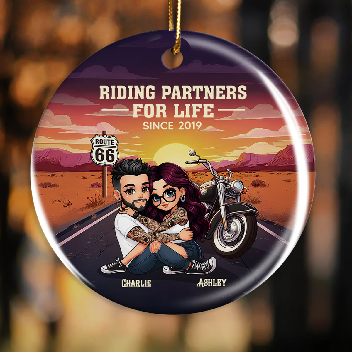 Bikers Couple Riding Partners for Life Personalized Ceramic Ornament, Gift for him, Gift for her - Image 2
