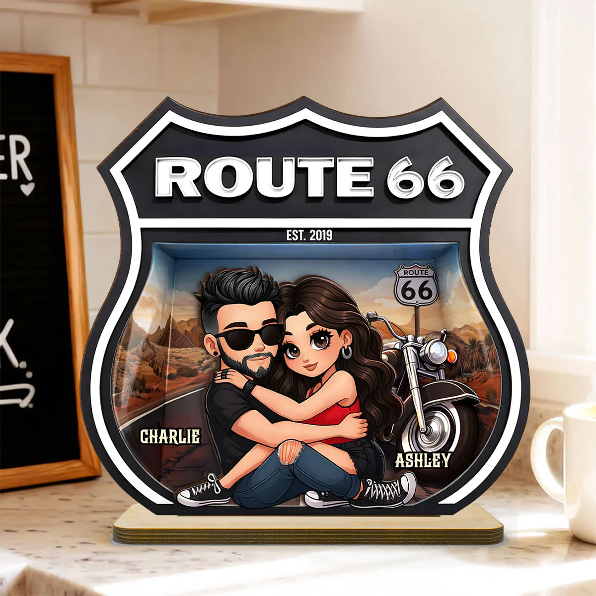 Bikers Couple Route 66 - Personalized 2 Layer Standing Wooden Plaque - Gift for Couple - Image 2