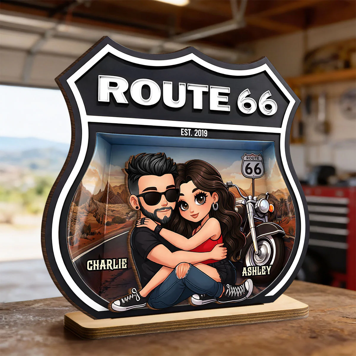 Bikers Couple Route 66 - Personalized 2 Layer Standing Wooden Plaque - Gift for Couple - Image 3