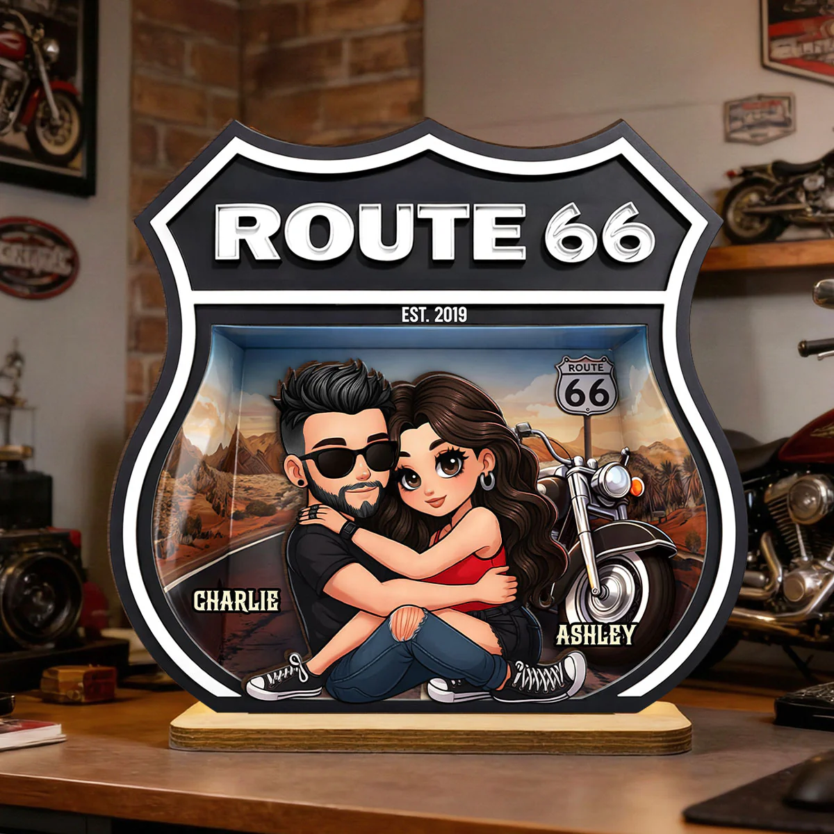 Bikers Couple Route 66 - Personalized 2 Layer Standing Wooden Plaque - Gift for Couple - Image 4