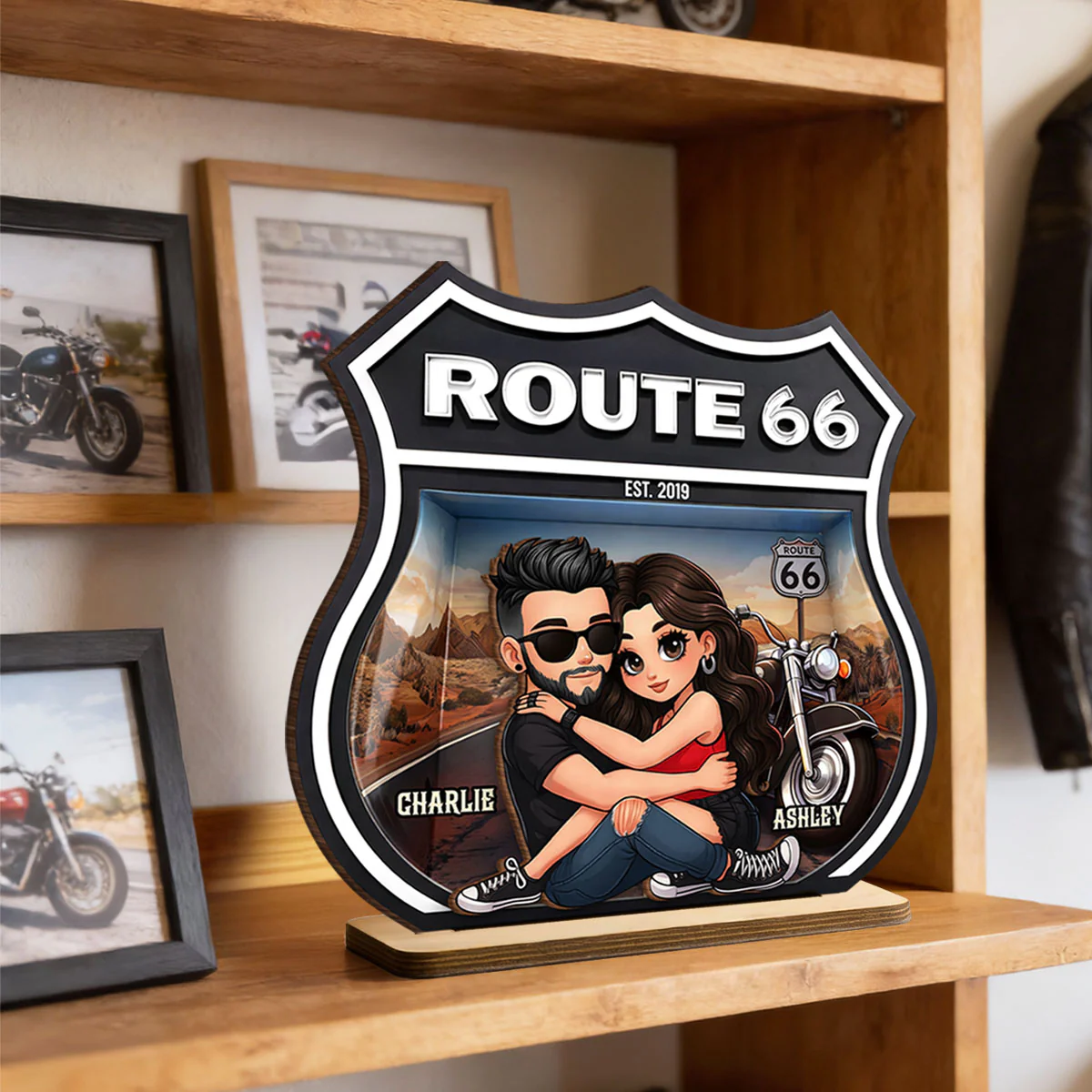 Bikers Couple Route 66 - Personalized 2 Layer Standing Wooden Plaque - Gift for Couple - Image 5