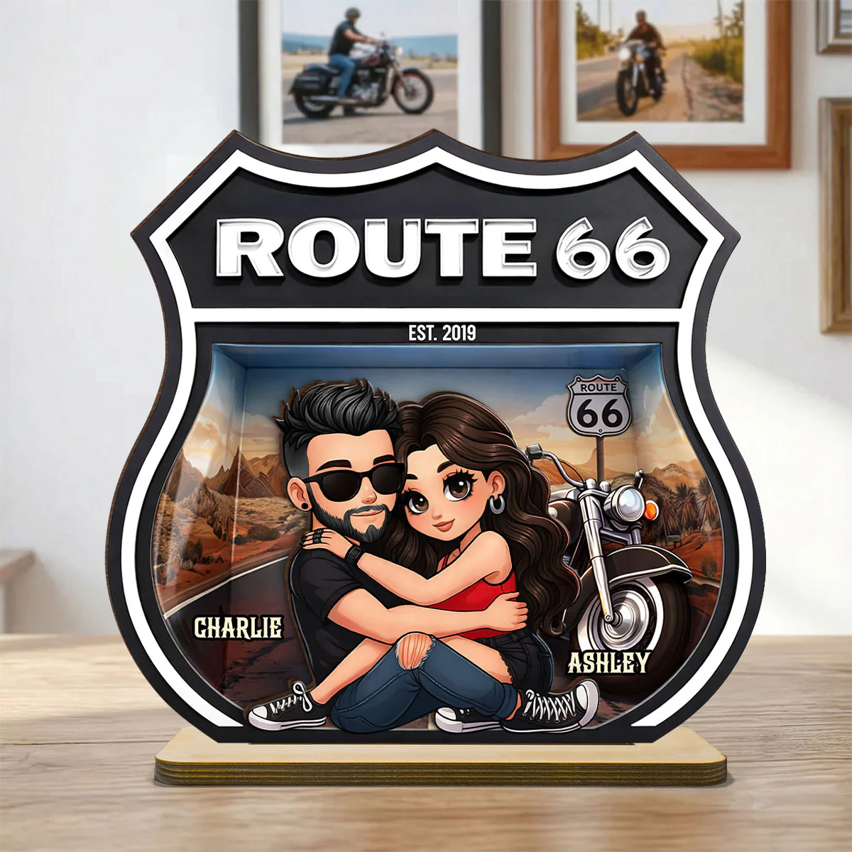 Bikers Couple Route 66 - Personalized 2 Layer Standing Wooden Plaque - Gift for Couple - Image 6