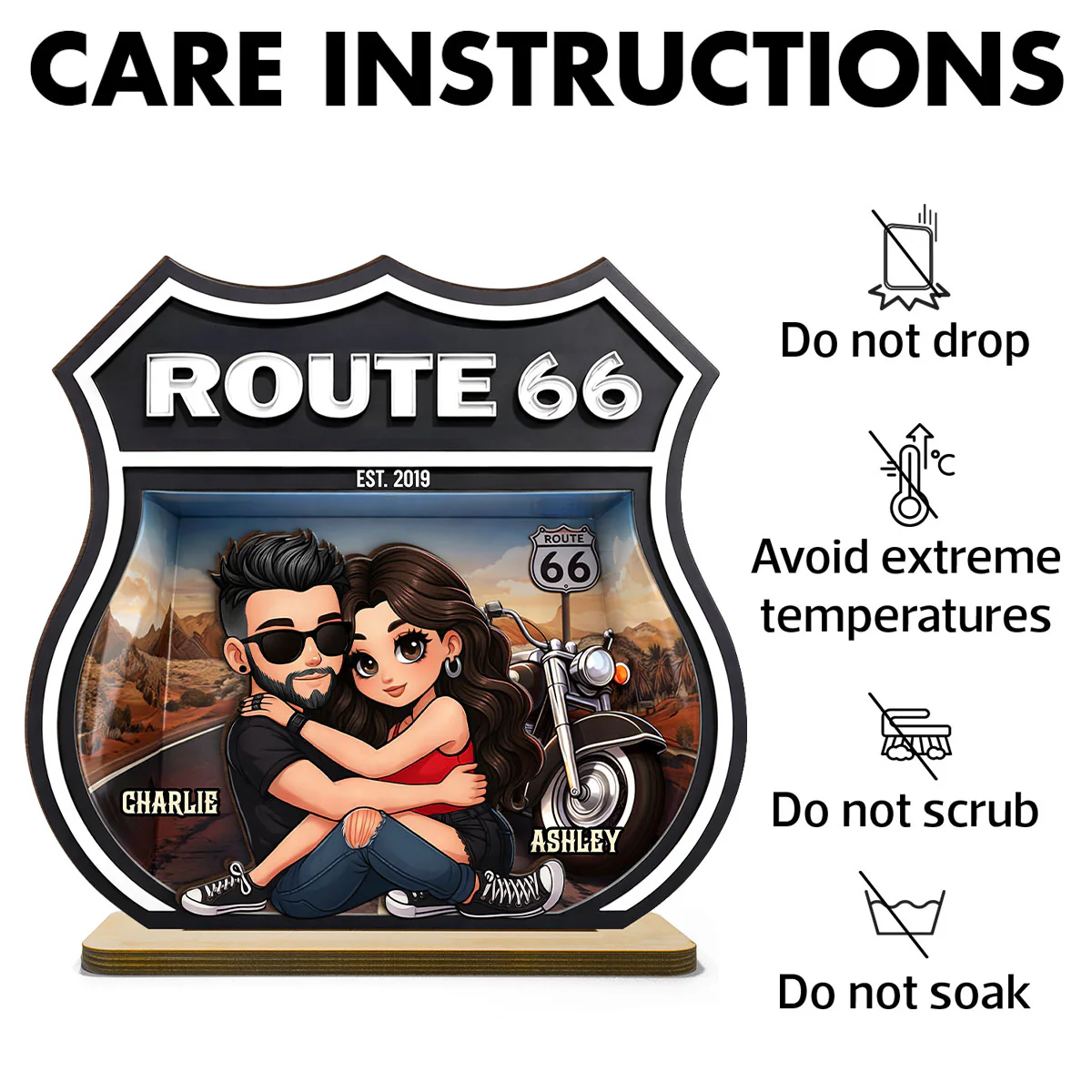 Bikers Couple Route 66 - Personalized 2 Layer Standing Wooden Plaque - Gift for Couple - Image 8