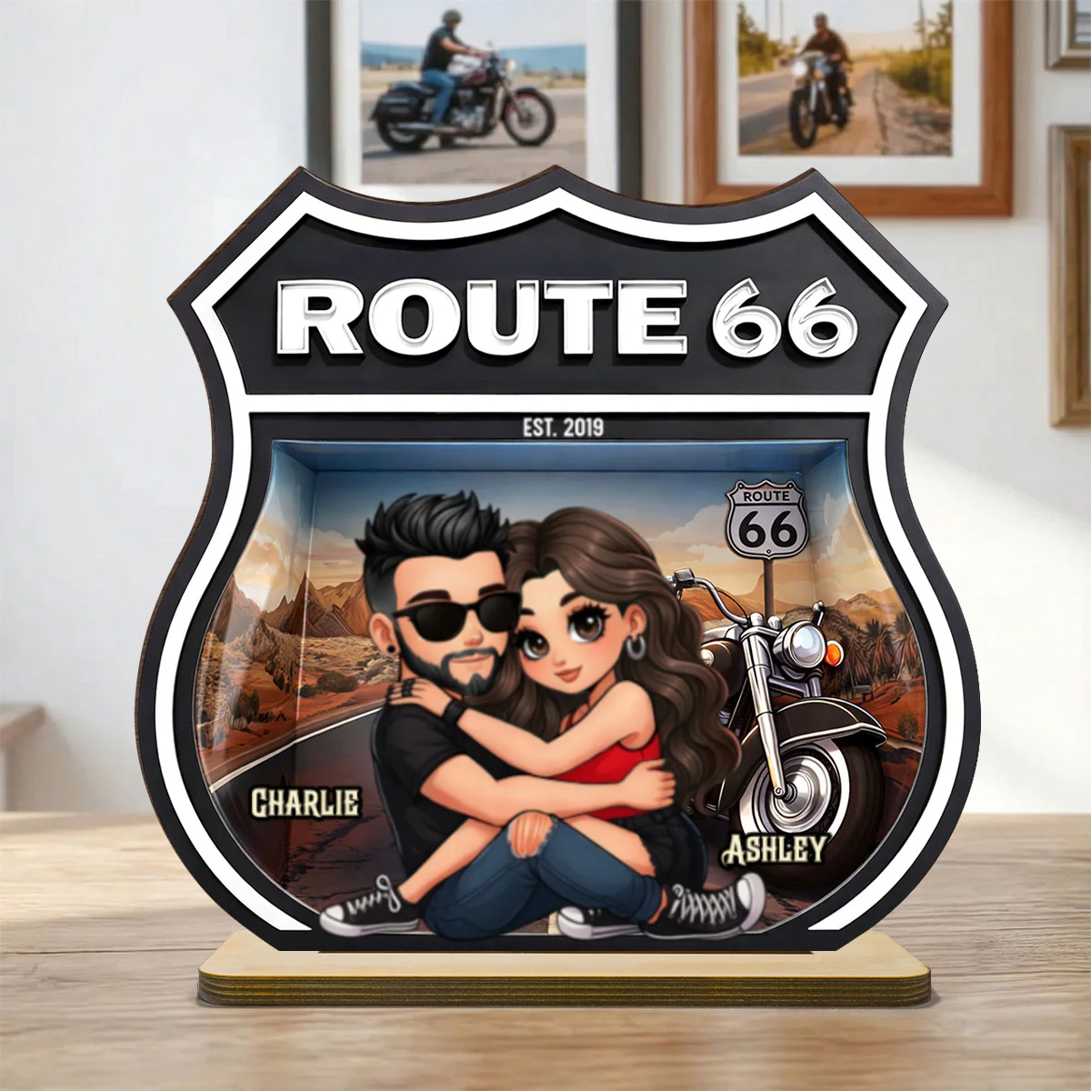 Bikers Couple Route 66 - Personalized 2 Layer Standing Wooden Plaque - Gift for Couple - Image 9