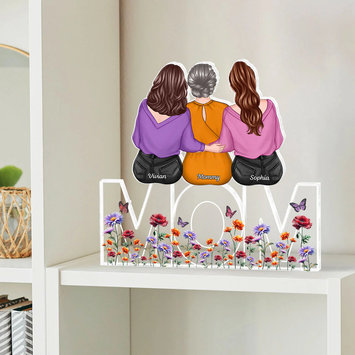 Birth Flowers Mom And Daughters Sons Sitting On Text Personalized Acrylic Block Plaque, Gift - Image 2