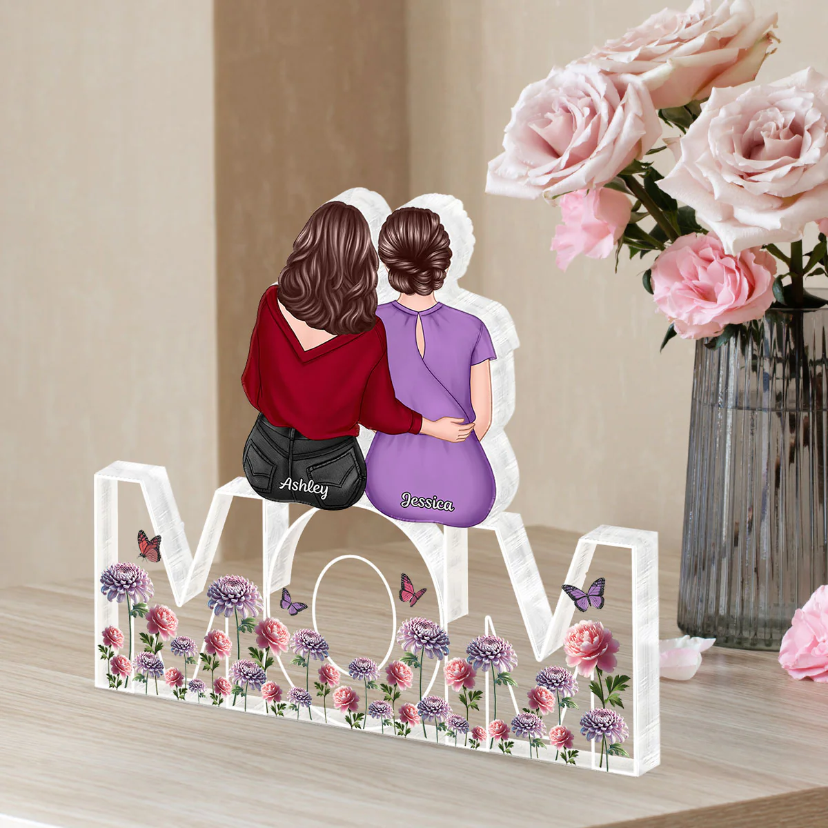Birth Flowers Mom And Daughters Sons Sitting On Text Personalized Acrylic Block Plaque, Gift - Image 3