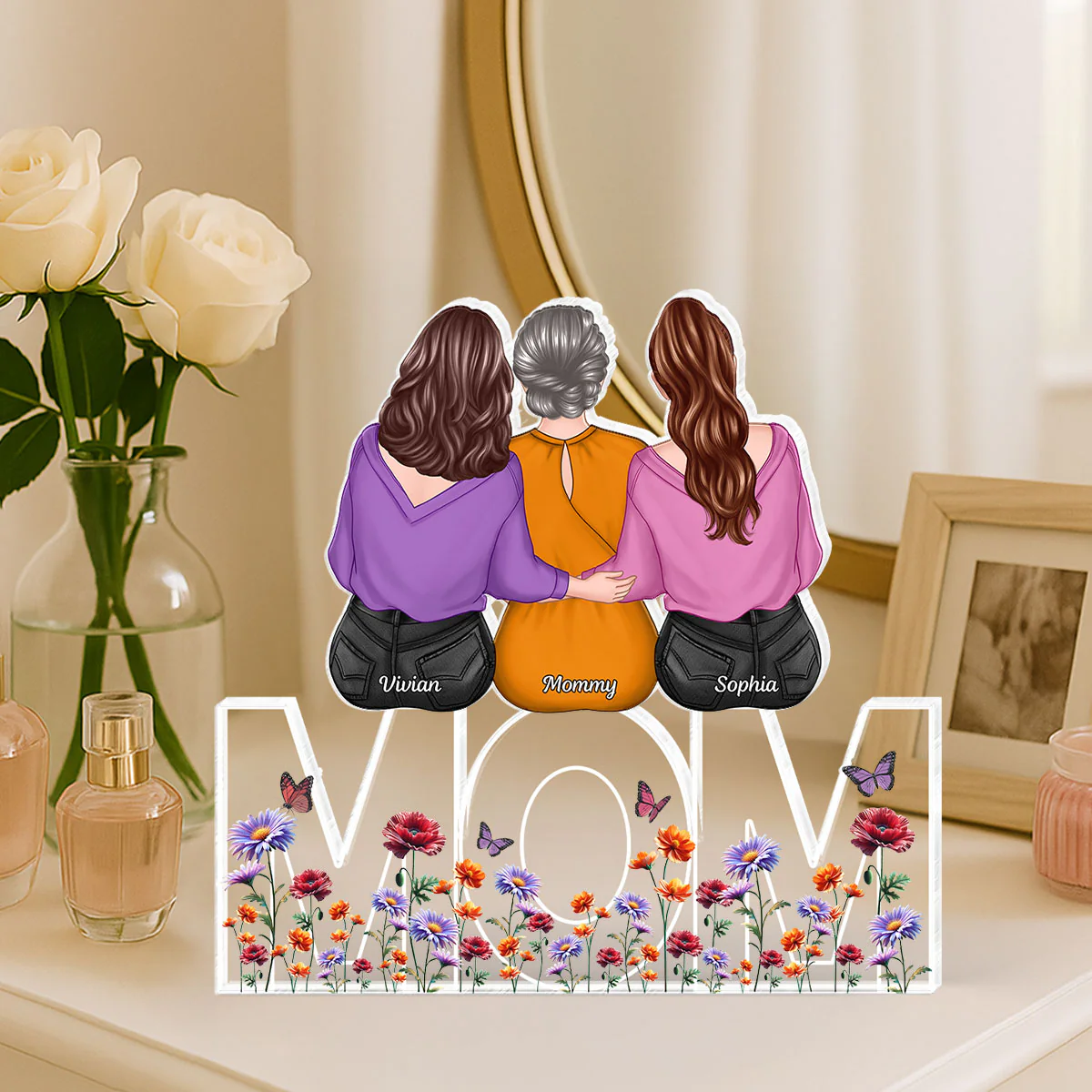 Birth Flowers Mom And Daughters Sons Sitting On Text Personalized Acrylic Block Plaque, Gift - Image 4