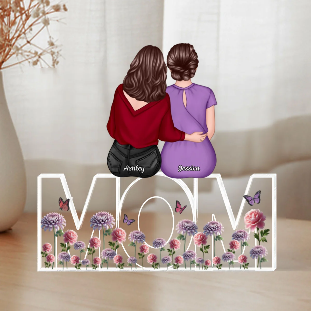 Birth Flowers Mom And Daughters Sons Sitting On Text Personalized Acrylic Block Plaque, Gift - Image 7