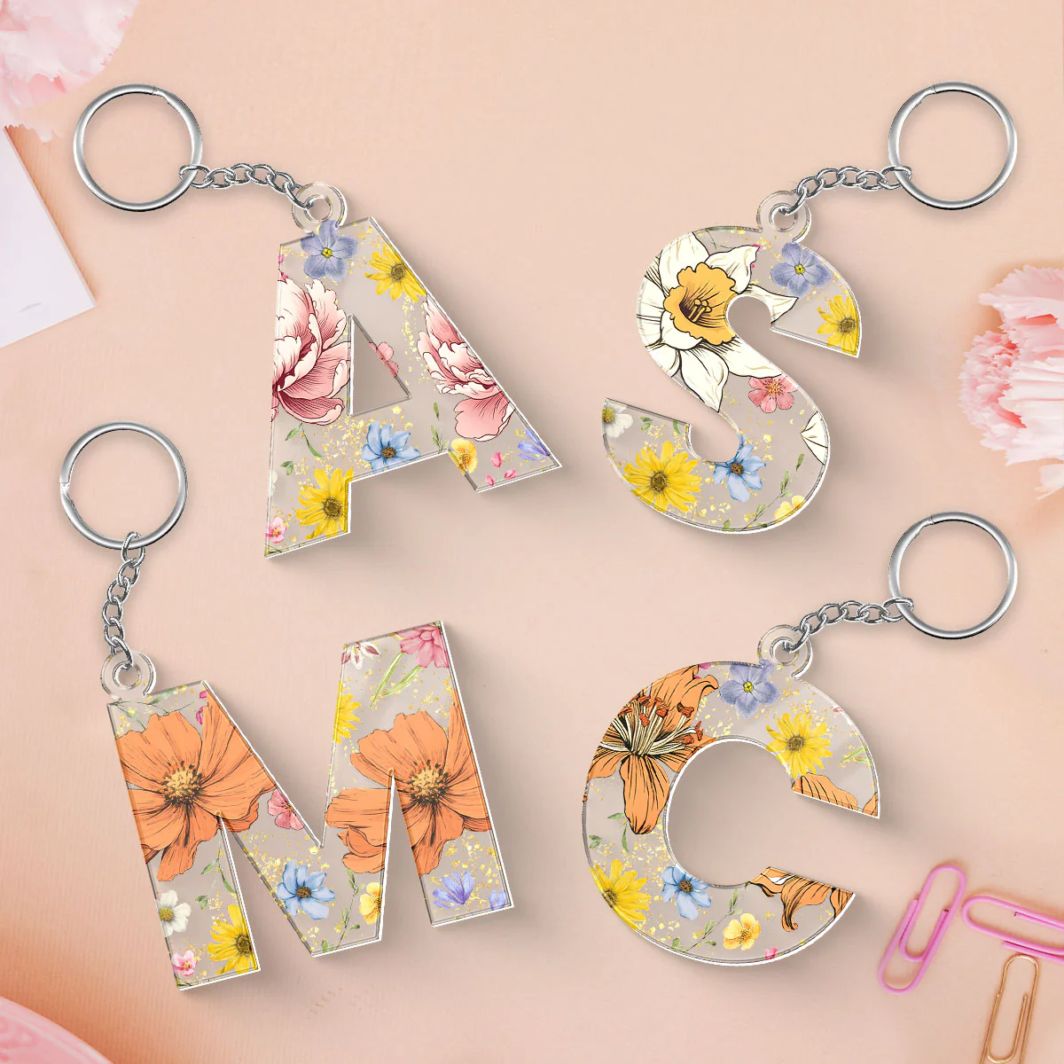 Birth Month Flower Initial Letter Personalized Acrylic Keychain, Gift For Her