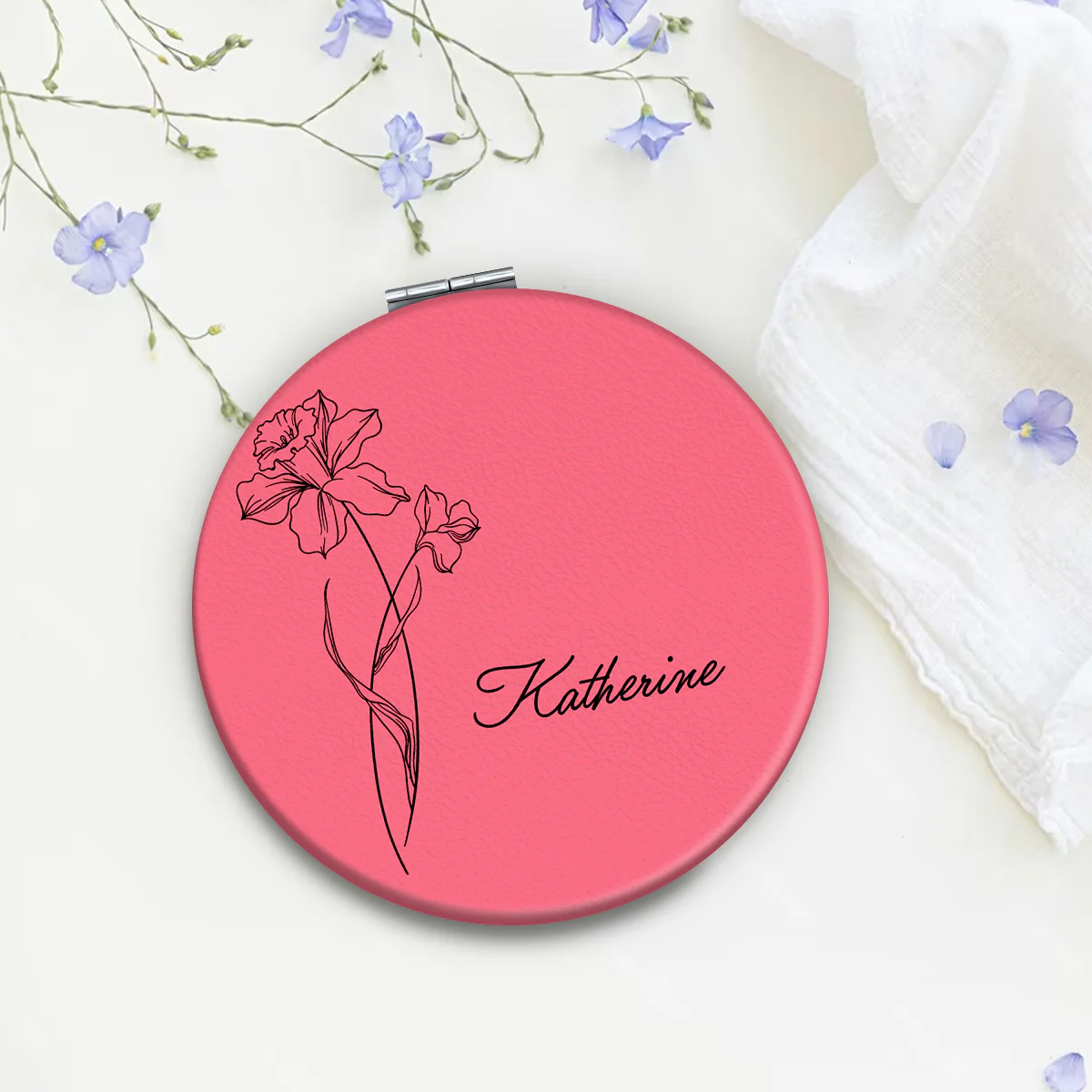 Birth Month Flower Personalized Circle Compact Mirror, Travel Size Mirror, Birthday Gifts, Birth Flower Gift - Image 2