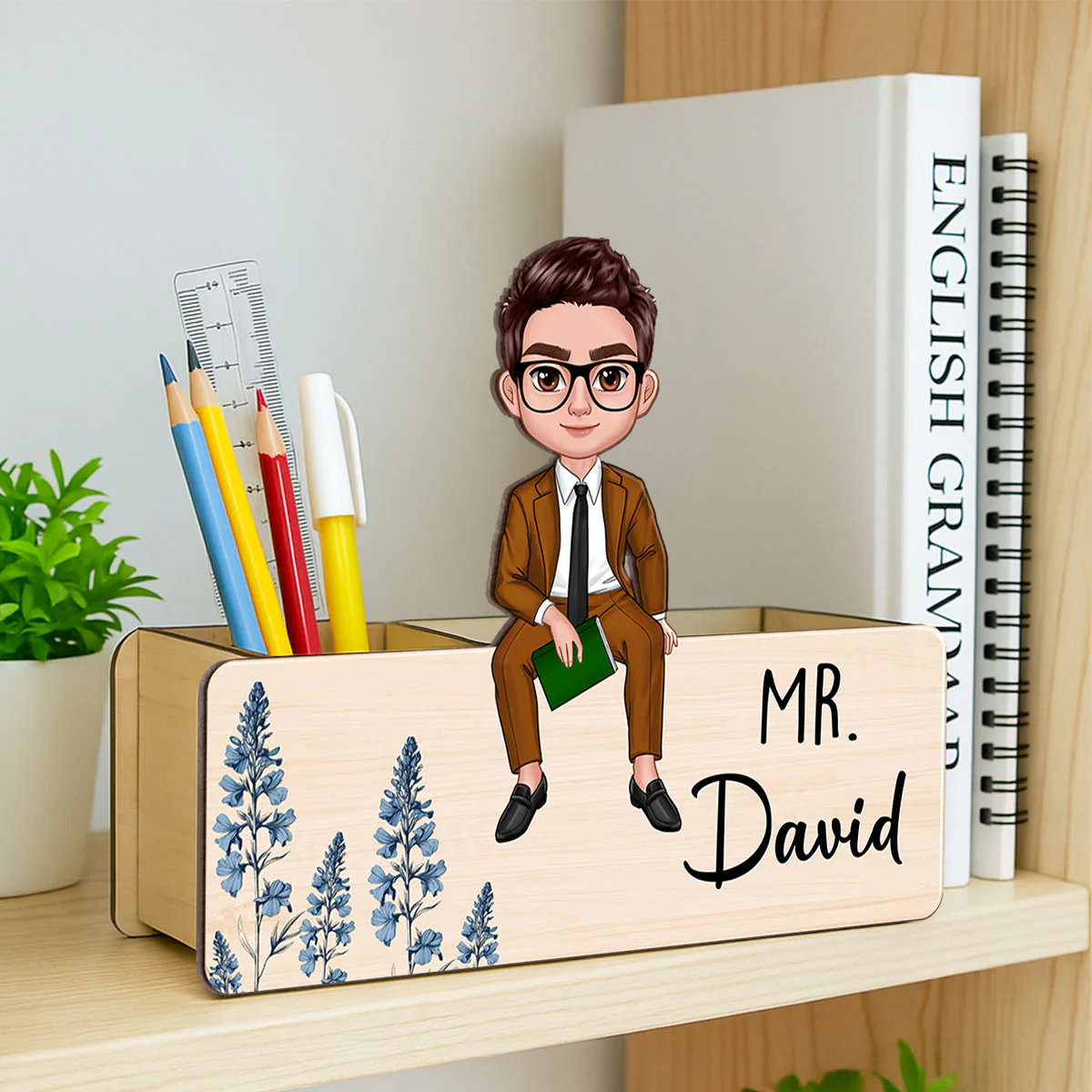 Birth Month Flower Teacher Personalized Pencil Holder, 2-Layer Wooden Plaque, Back To School Gift, Classroom Decor - Image 3