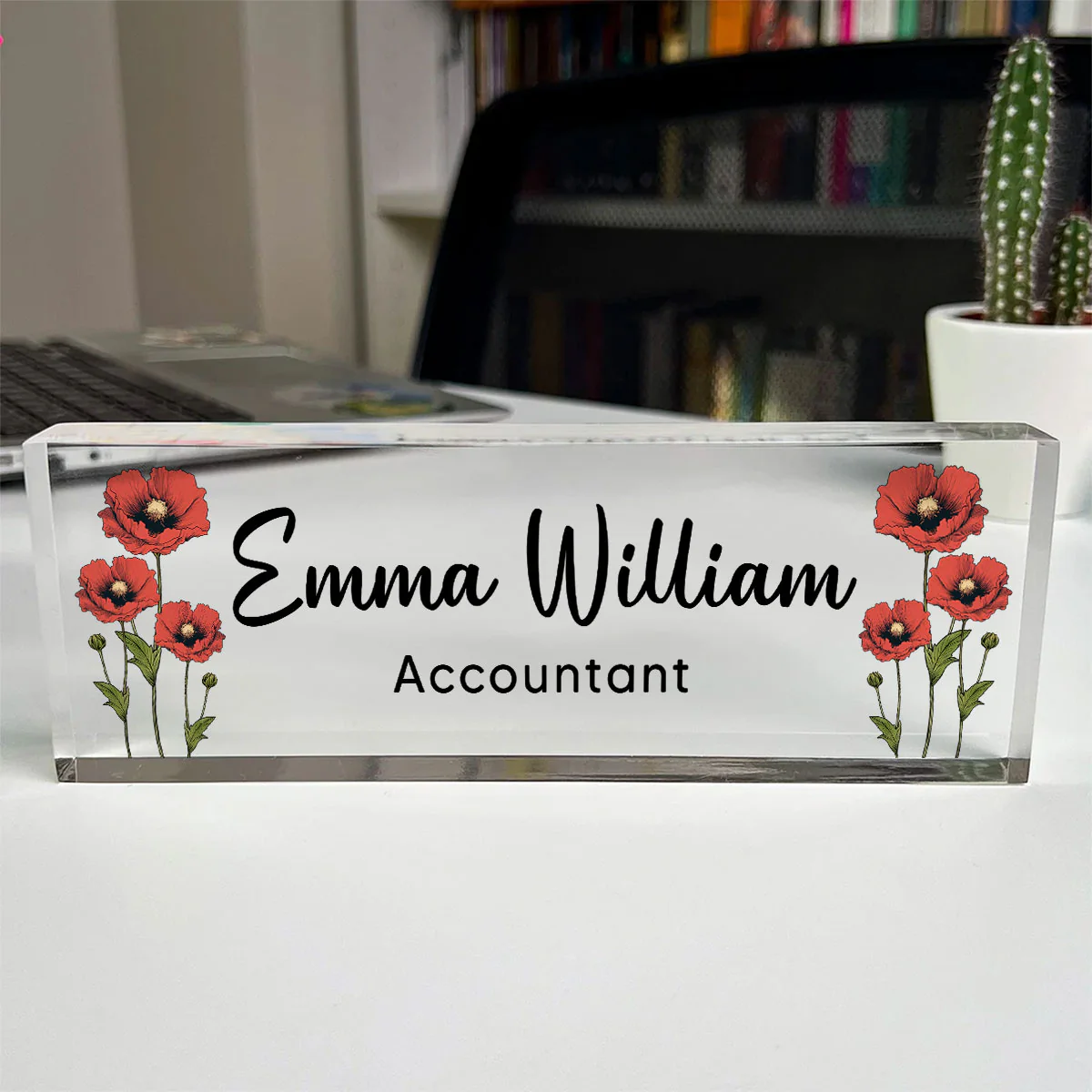 Birth Month Flowers Personalized Acrylic Desk Name Plate, Office Decor, Gift For Colleagues, Boss - Image 3