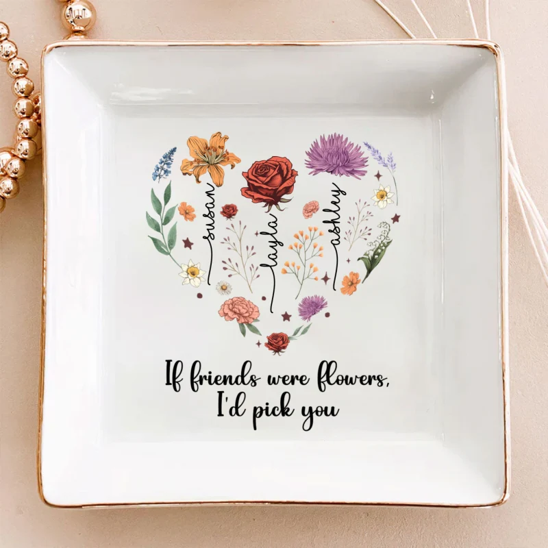 Birth Month Flowers Sisters Besties Friends Heart Personalized Jewelry Dish - Image 10