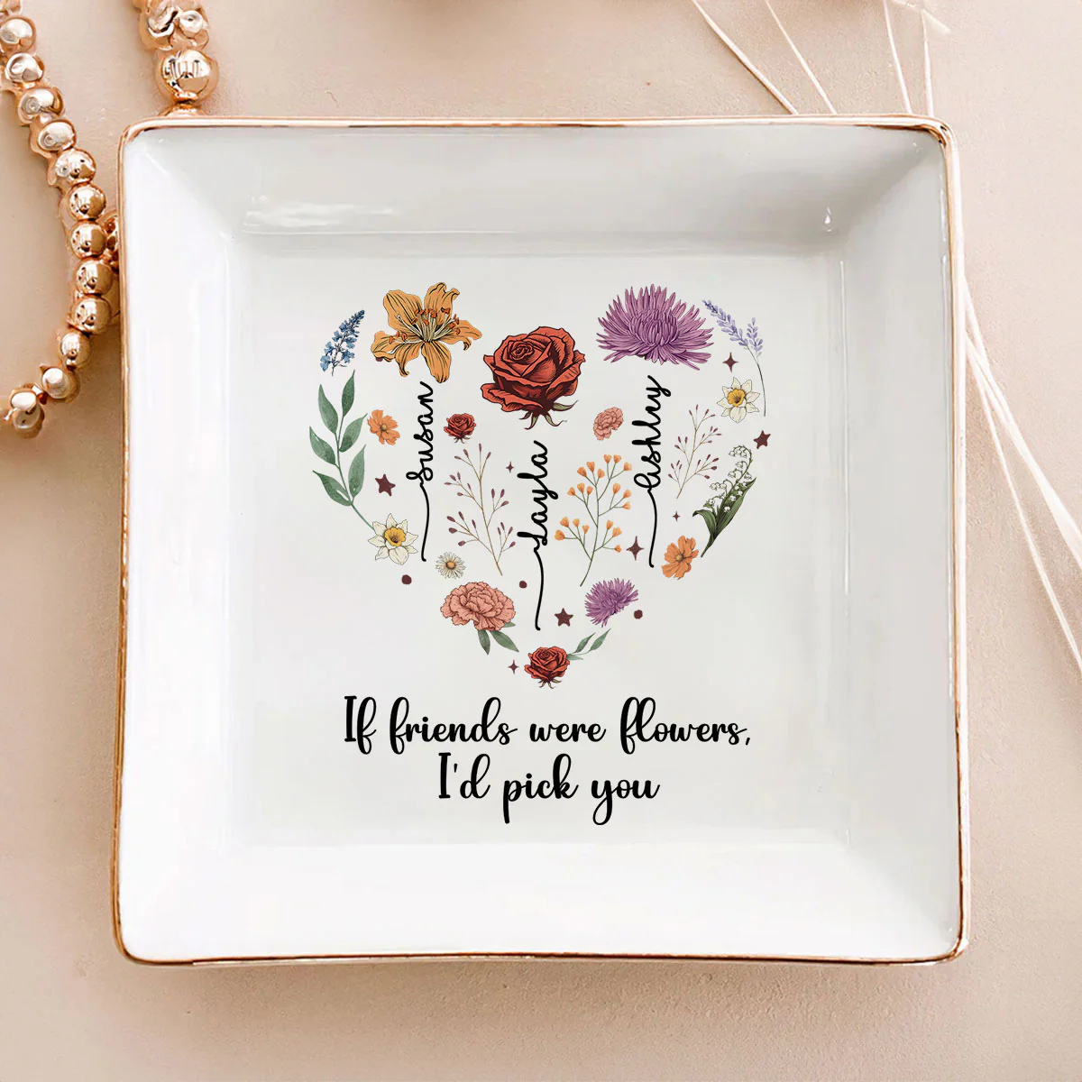 Birth Month Flowers Sisters Besties Friends Heart Personalized Jewelry Dish - Image 2