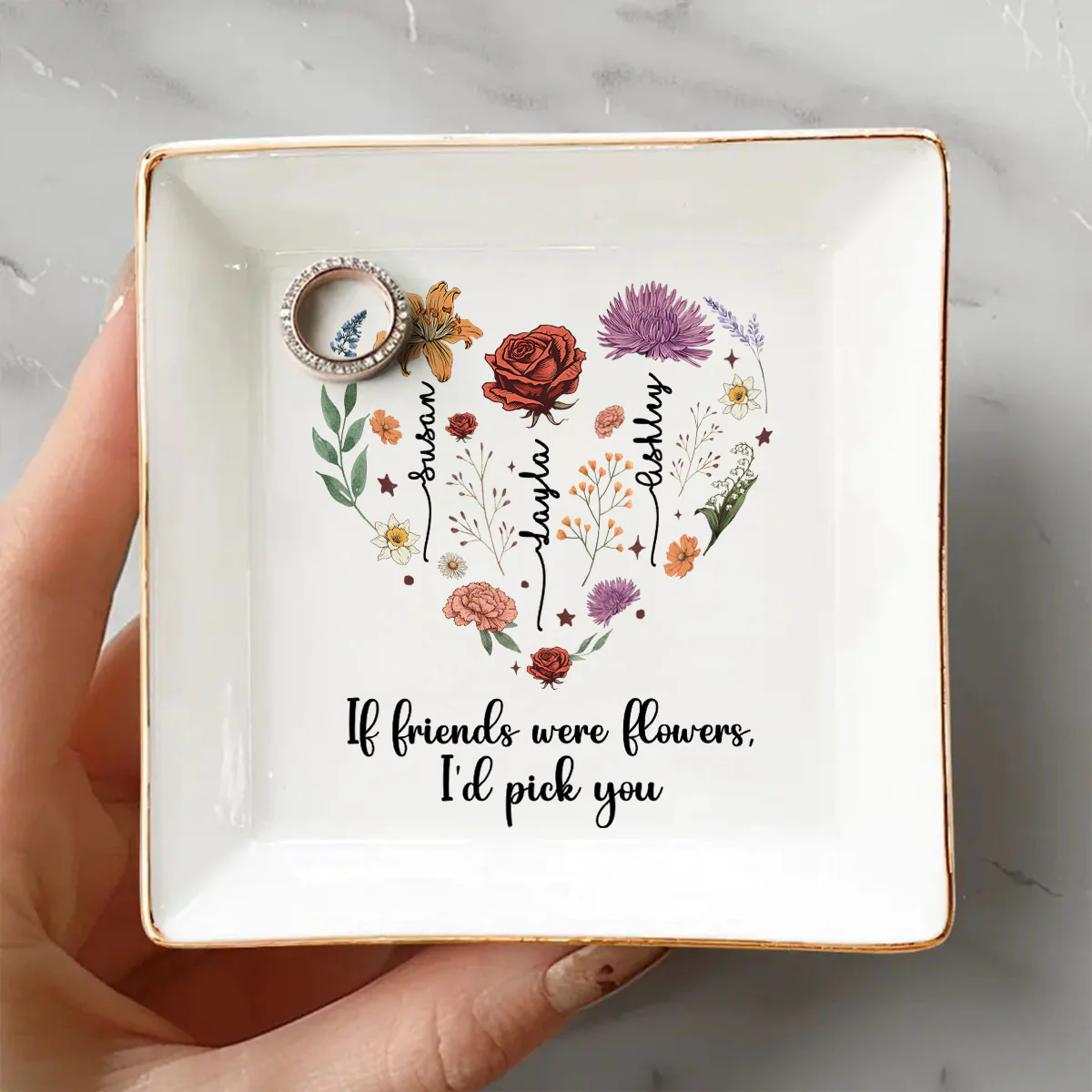 Birth Month Flowers Sisters Besties Friends Heart Personalized Jewelry Dish - Image 3