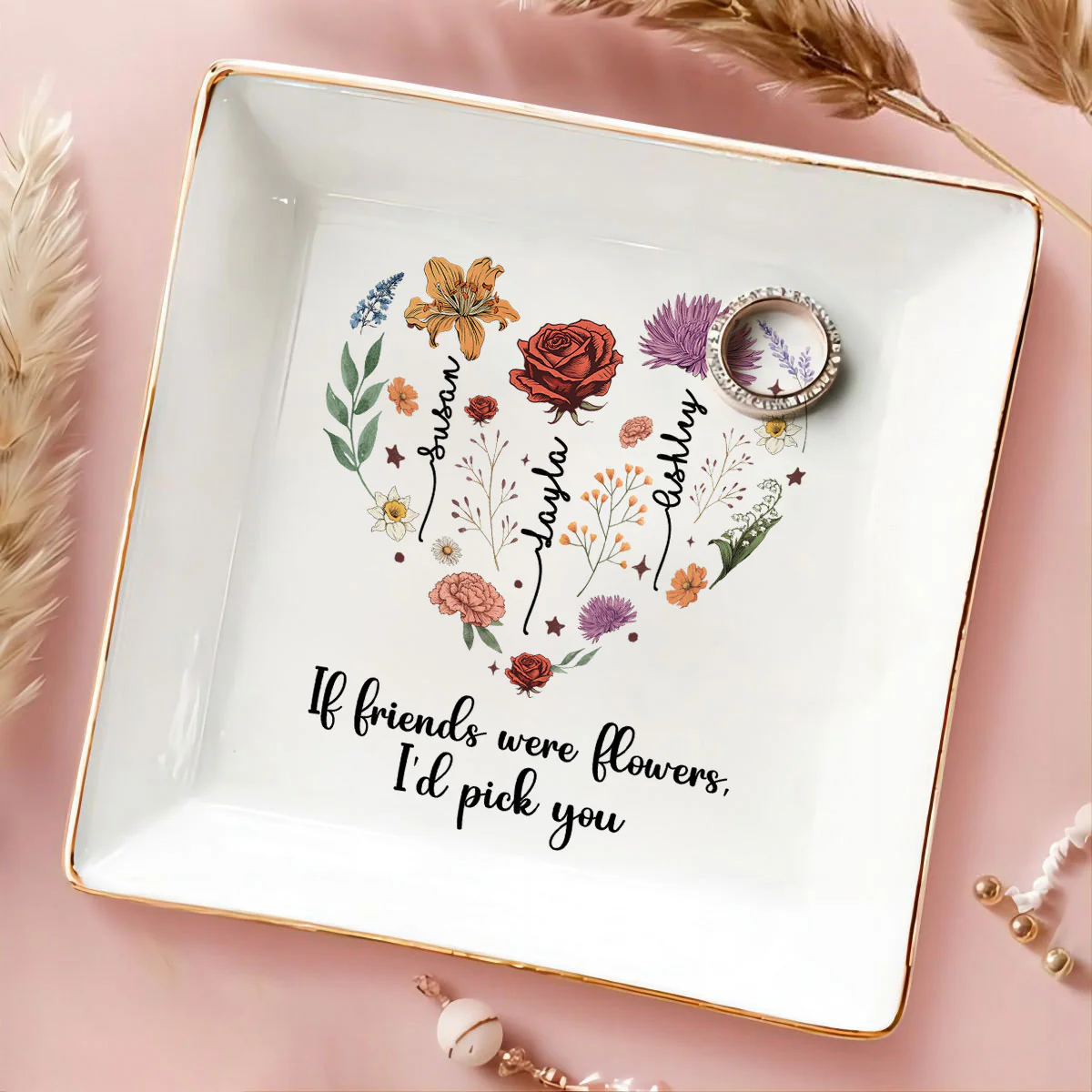 Birth Month Flowers Sisters Besties Friends Heart Personalized Jewelry Dish - Image 4