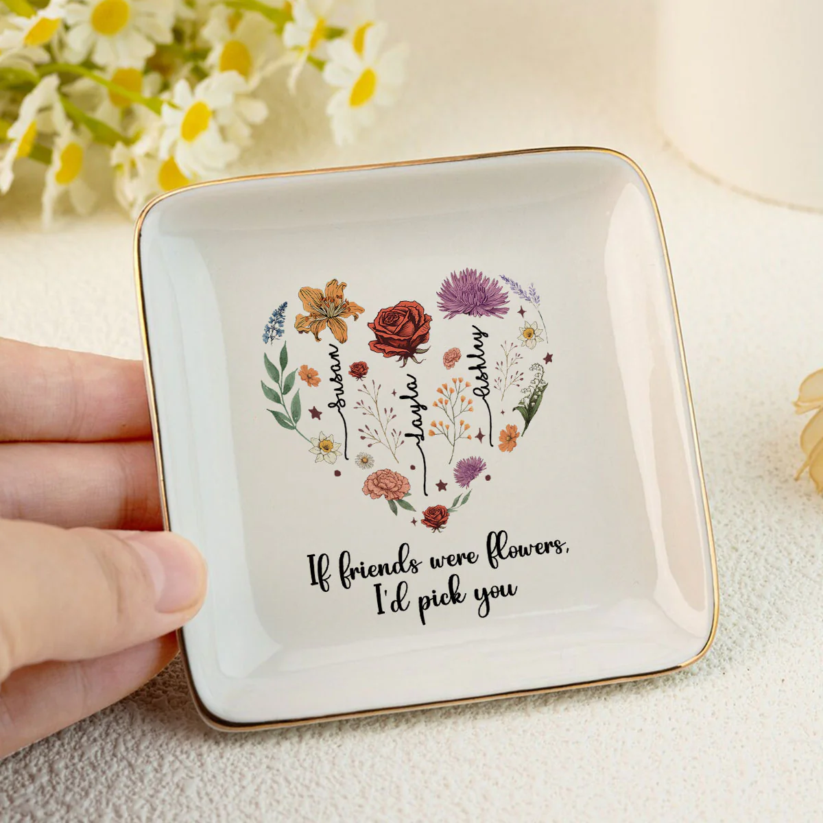 Birth Month Flowers Sisters Besties Friends Heart Personalized Jewelry Dish - Image 5