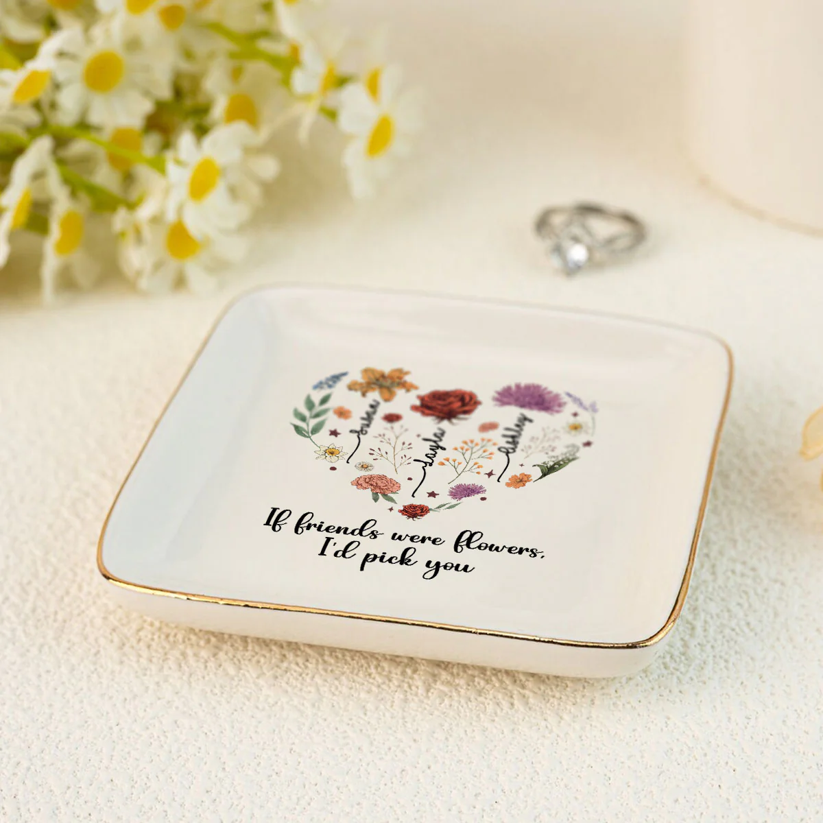 Birth Month Flowers Sisters Besties Friends Heart Personalized Jewelry Dish - Image 6