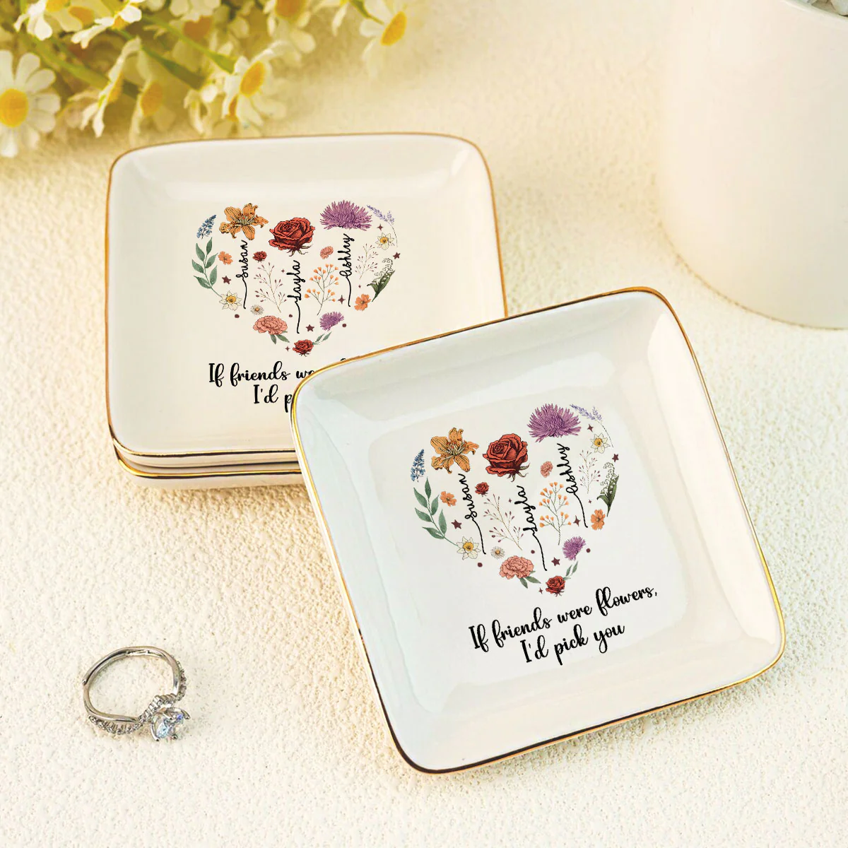 Birth Month Flowers Sisters Besties Friends Heart Personalized Jewelry Dish - Image 7