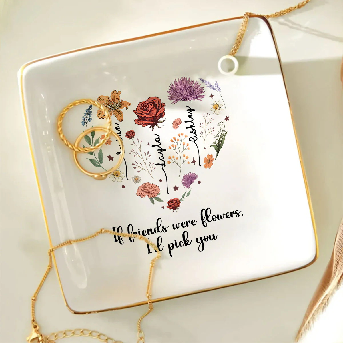 Birth Month Flowers Sisters Besties Friends Heart Personalized Jewelry Dish - Image 8