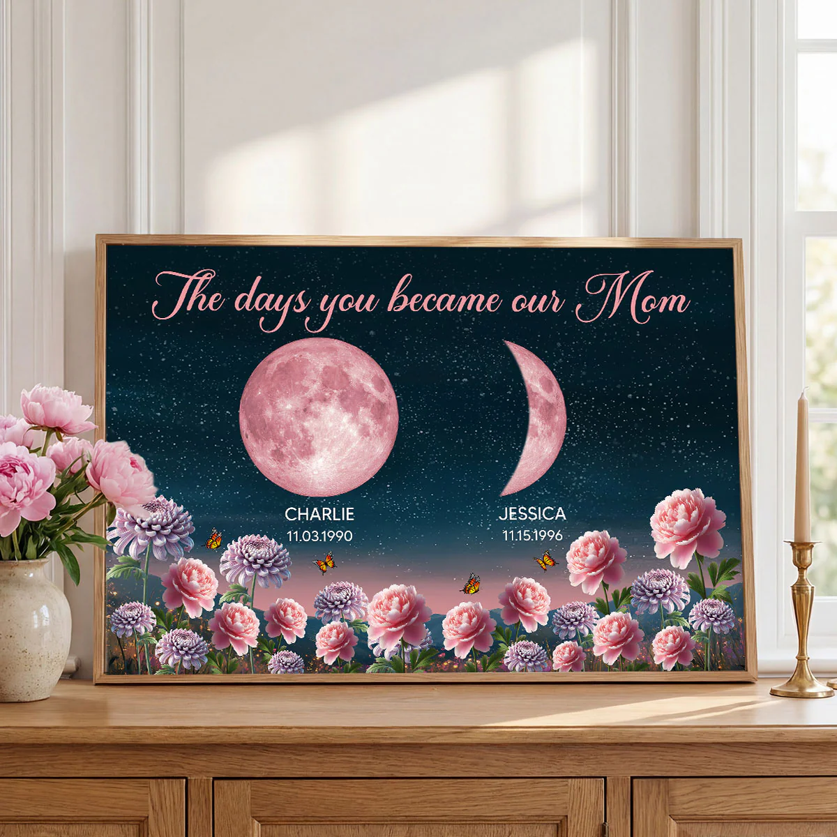 Birth Month Flowers The Day You Become Mum Grandma Custom Birth Moon Phase - Personalised Poster, Mother's Day Gift For Mum, Grandma - Image 3
