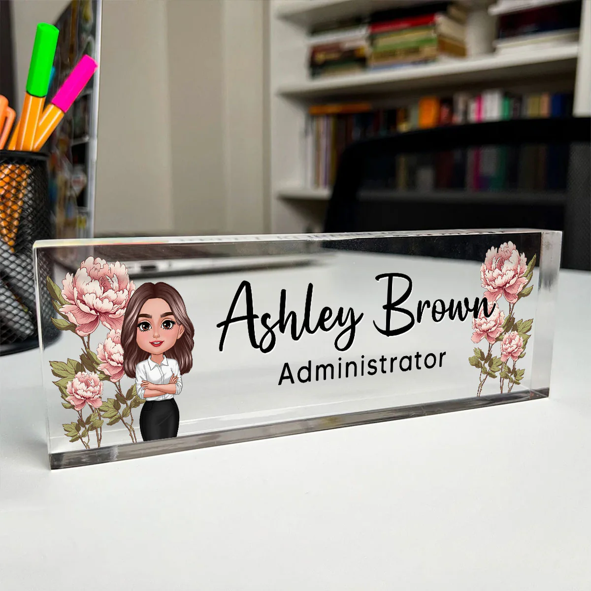 Birth Month Flowers Woman - Personalized Acrylic Desk Name Plate - Gift For Colleagues, Coworkers, Boss