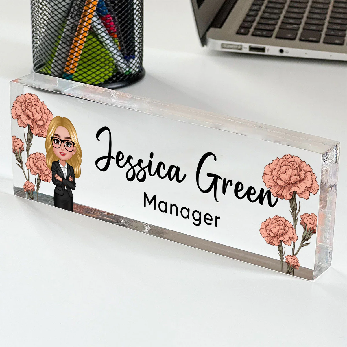 Birth Month Flowers Woman - Personalized Acrylic Desk Name Plate - Gift For Colleagues, Coworkers, Boss - Image 4