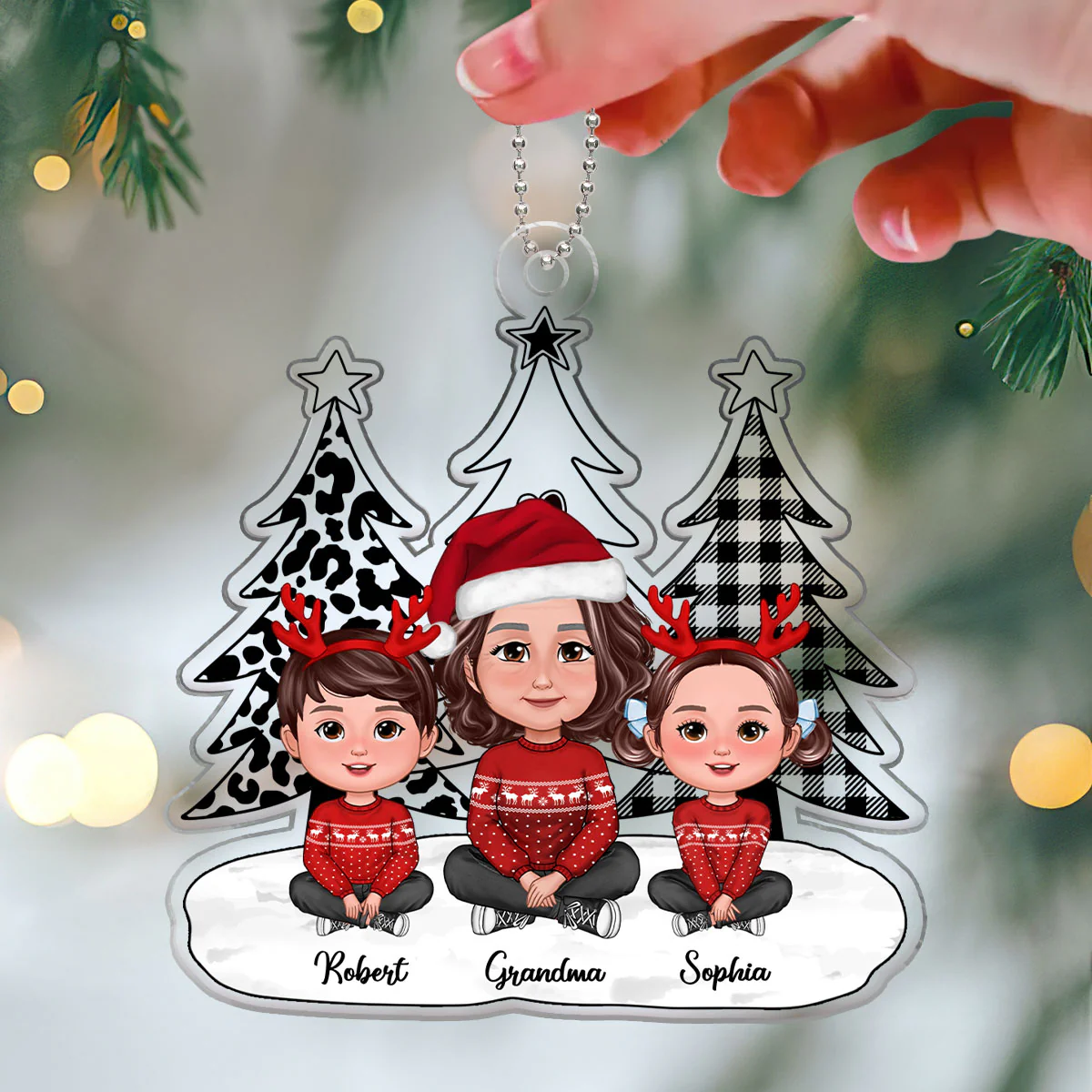Black White Leopard Checkered Christmas Tree Grandma Grandkids Personalized Acrylic Ornament - Image 3