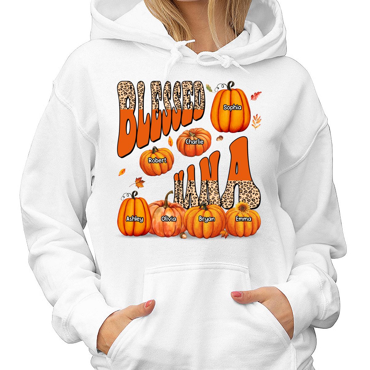 Blessed Grandma Mom Fall Season Patterned Pumpkins Personalized Shirt - Image 4