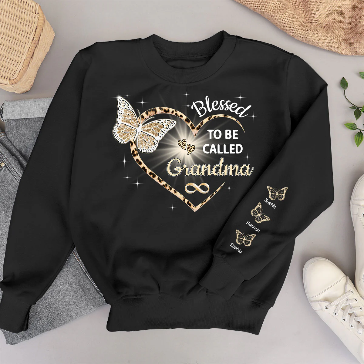 Blessed To Be Called Grandma Butterflies Heart Personalized Sleeve Printed Sweatshirt - Image 5