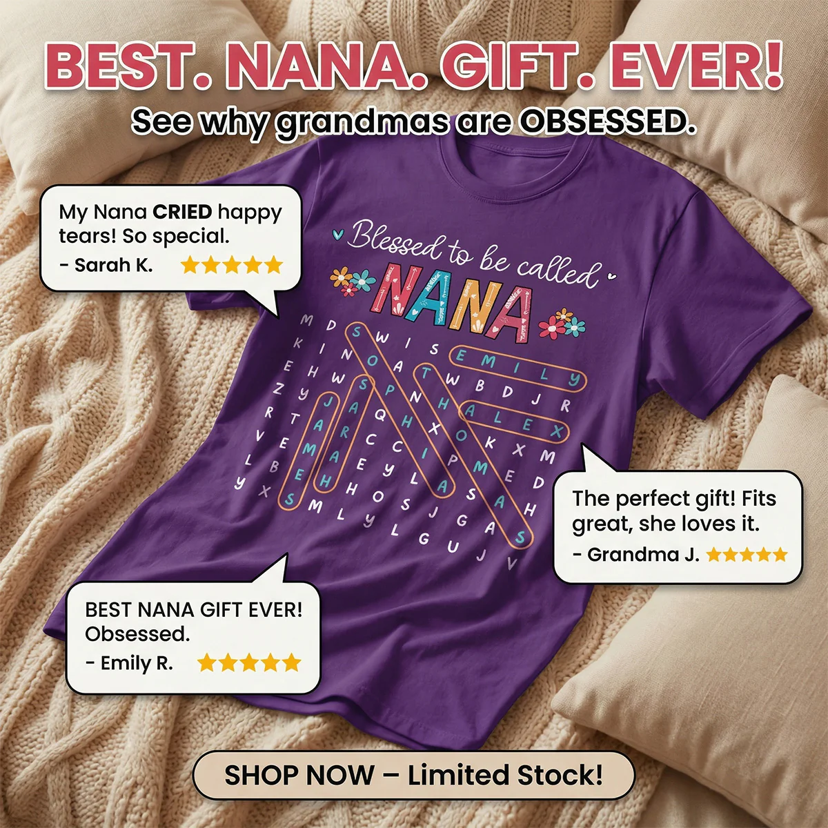 Blessed To Be Called Grandma Grandkids Name Word Search Puzzle - Personalized Shirt - Mother's Day Gift For Grandma Mom - Image 8