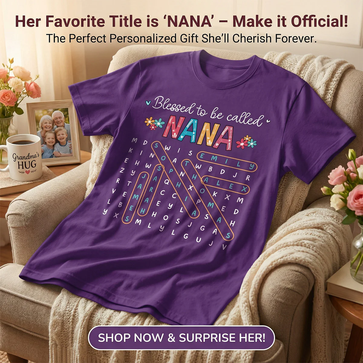 Blessed To Be Called Grandma Grandkids Name Word Search Puzzle - Personalized Shirt - Mother's Day Gift For Grandma Mom - Image 9