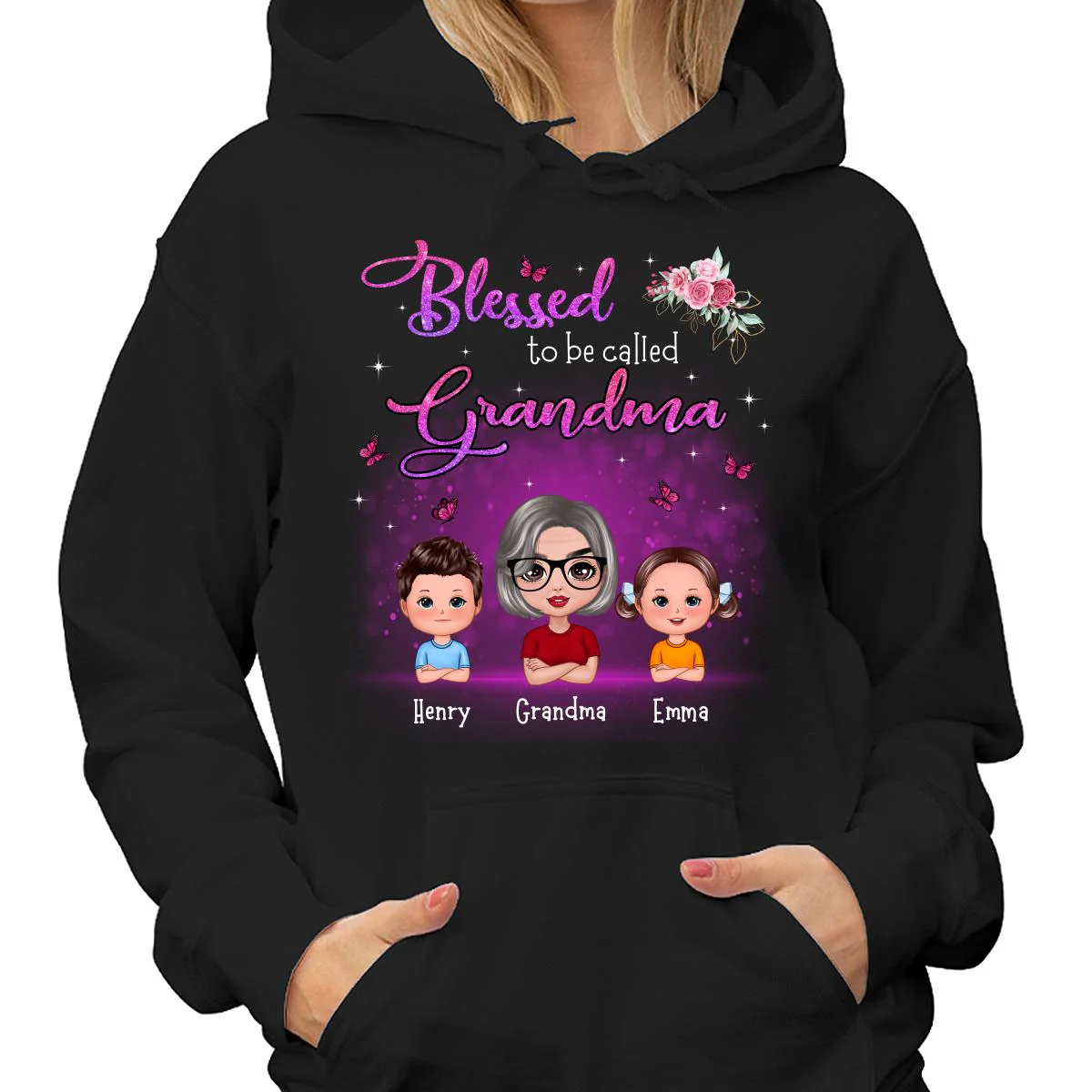 Blessed To Be Called Grandma Mom Flower Butterfly Doll Woman With Kid Personalized Shirt - Image 4