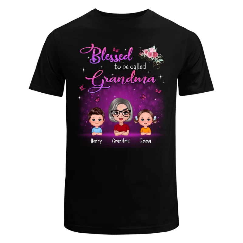 Blessed To Be Called Grandma Mom Flower Butterfly Doll Woman With Kid Personalized Shirt - Image 5