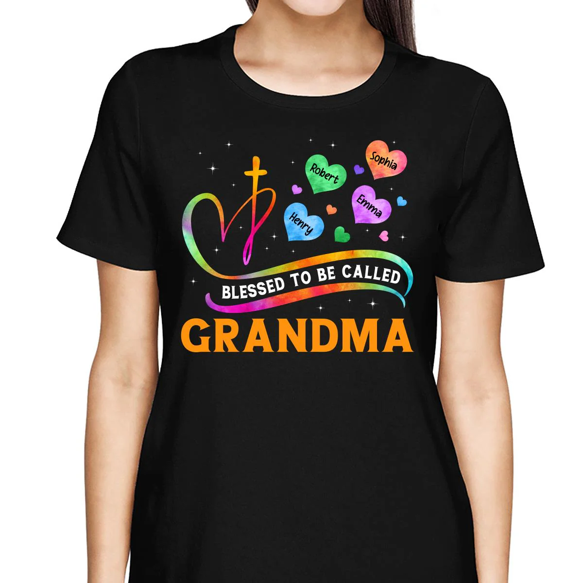 Blessed To Called Grandma Grandkids Colorful Heart Cross Personalized Shirt - Image 2