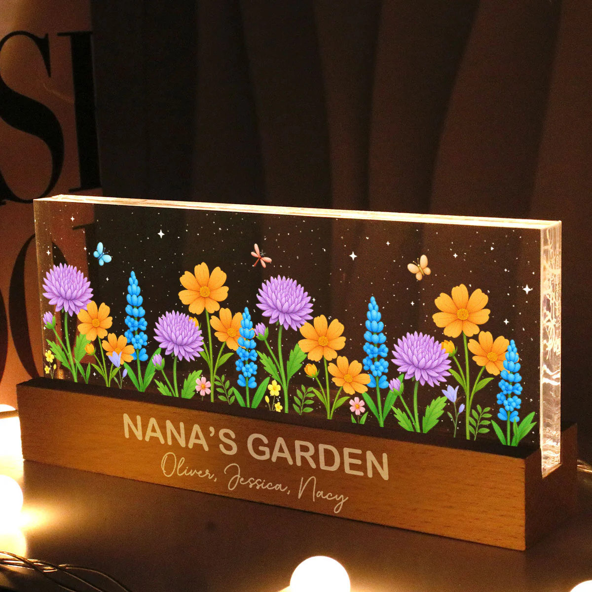 Blooming Birth Month Flowers Grandma Mom Garden Personalized Acrylic Block LED Night Light - Image 2